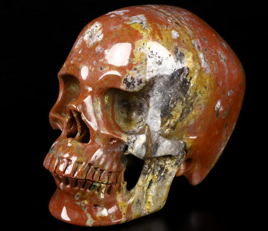 Skullis 5.0" Red Sesame Stone Super Realistic Crystal Skull, Hand Carved Gemstone Fine Art Sculpture, Reiki Healing Stone Statue.1389 Z8
