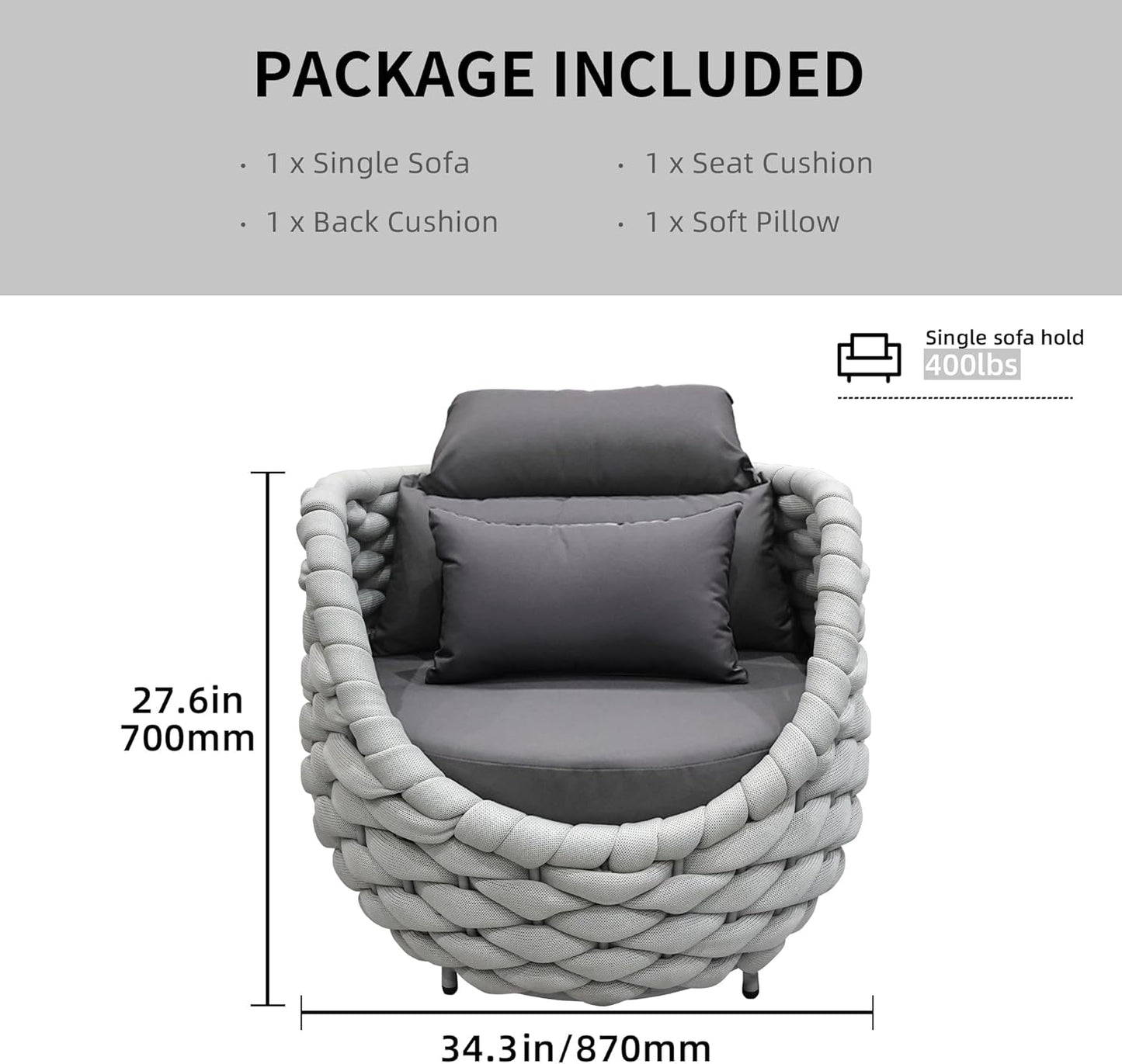 TWT 2 Pieces Patio Furniture Aluminum Armchair, All-Weather Teslin Rope Outdoor Single Sofa, Metal Outdoor Chair with Dark Grey Cushions