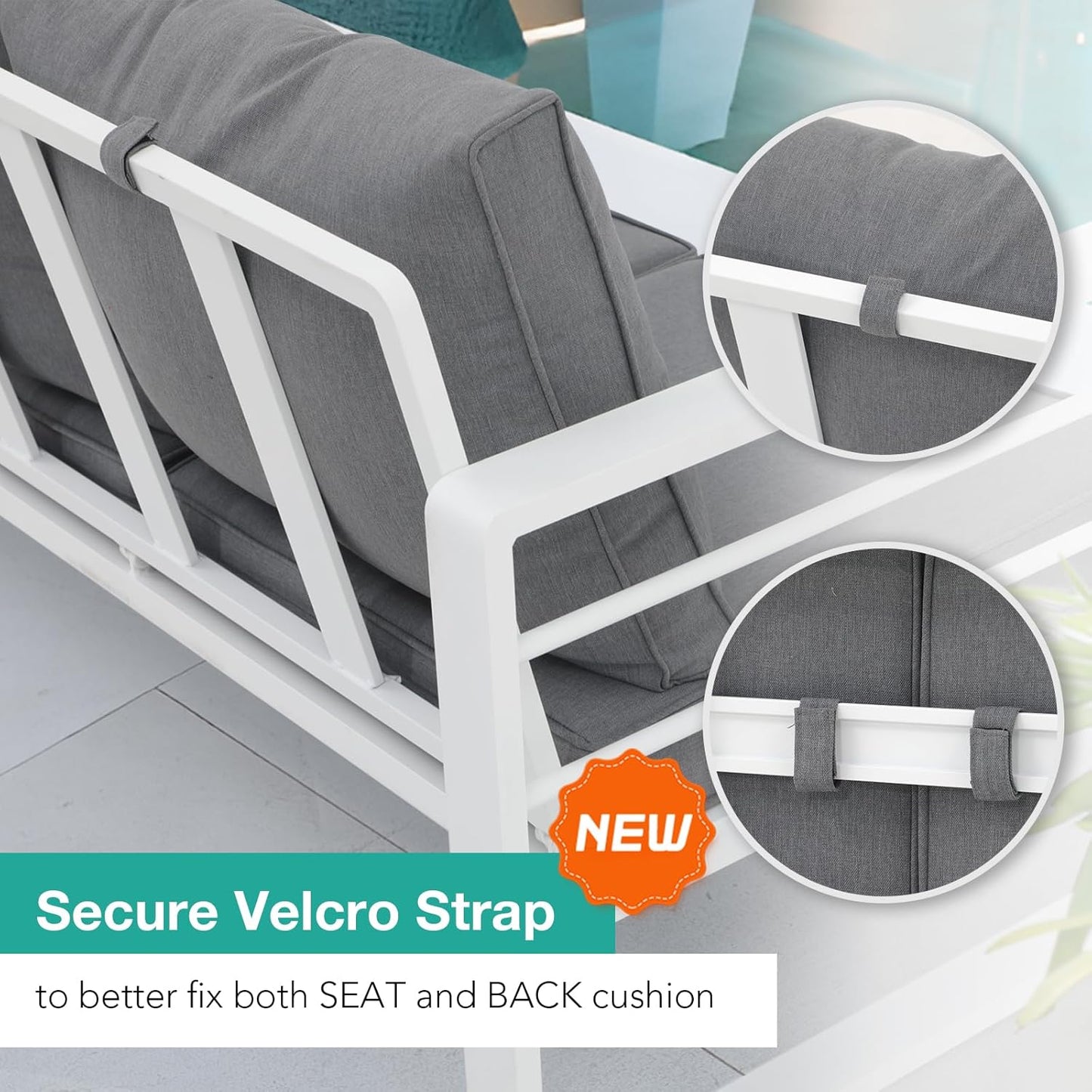 Patiorama Aluminum Patio Furniture Set, 4 PCS Modern Patio Conversation Set, All Weather White Outdoor Sectional Sofa Set w/Coffee Table, 3-Seater Sofa, Superior Olefin Cushion, Garden-Grey Cushion