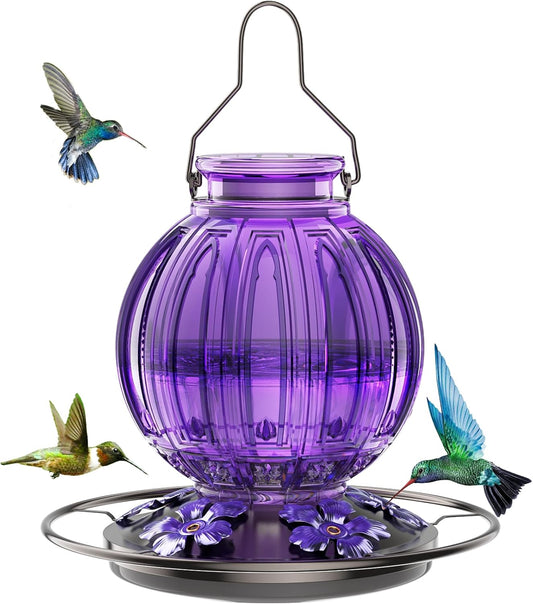 Glass Hummingbird Feeder for Outdoors Hanging, Bird Nectar Feeder with Perch & 5 Flower Feeding Ports, 26 Oz Leak Proof for Outside Garden Decor Backyard, Gifts for Women Mom, Purple