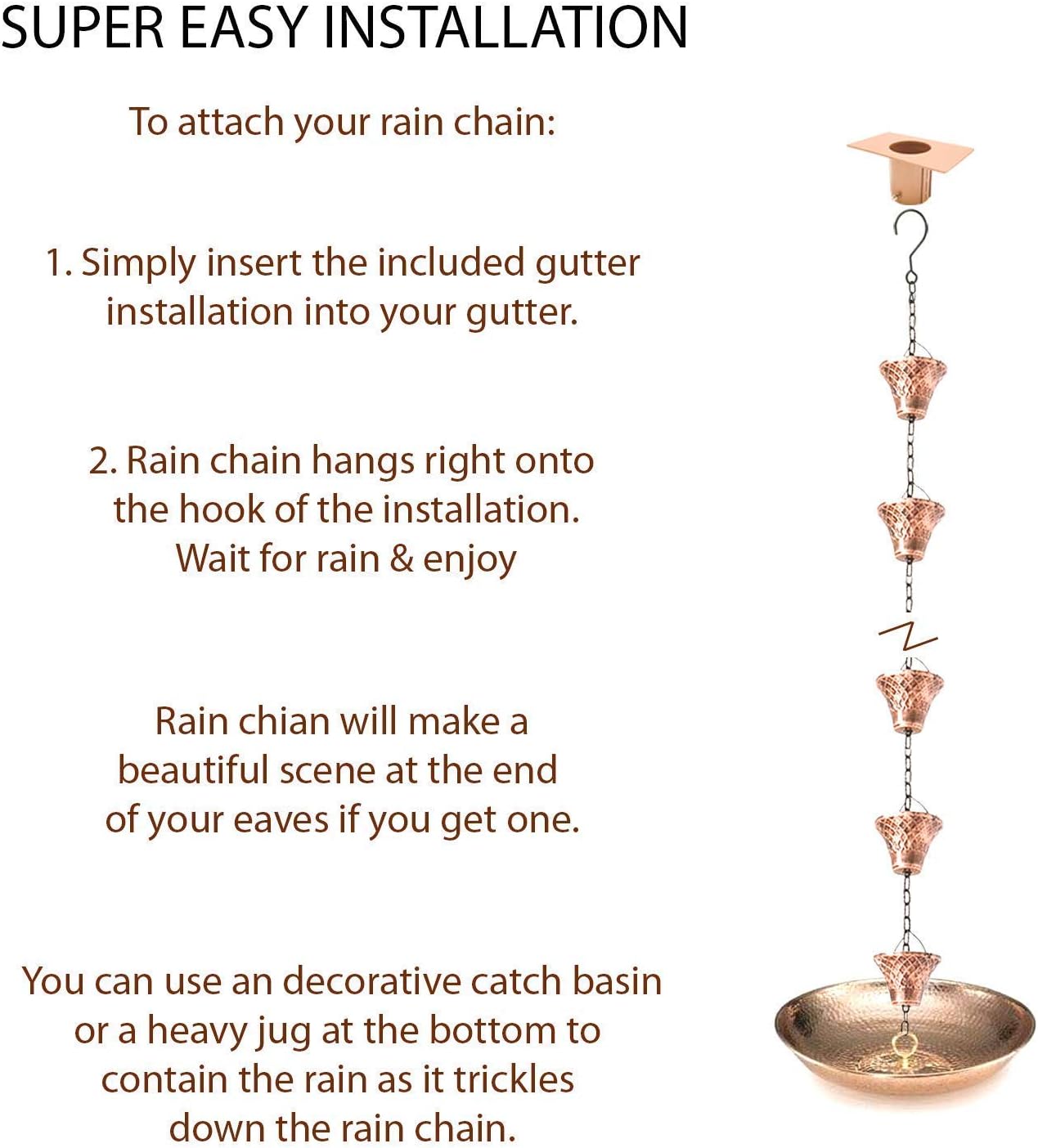 8.5FT Bell Iron Rain Chains for Gutter and Rain Barrel, Rust-Resistant Plated Garden Décor for Downspout, Bonus Rain Chain Gutter Adapter (Antique-Copper)