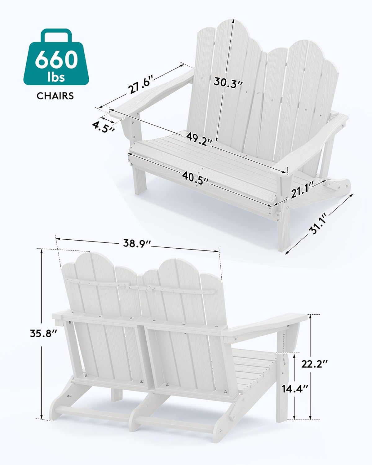 SERWALL Folding Adirondack Bench, HDPE All-Weather Adirondack Loveseat, 660 lbs Capacity, Foldable Outdoor Patio Bench for Deck, Lawn, Garden, White