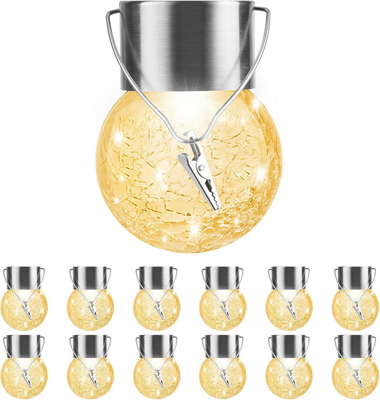Solar Outdoor Lights Decorative 12 Pack, Hanging Solar Garden Lights Waterproof, Solar Powered Globe Cracked Glass Ball Lantern for Yard Patio Fence Tree Umbrella Holiday Decoration, Warm White
