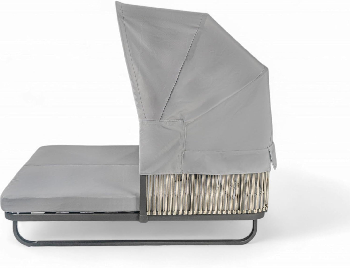 kevinplus Outdoor Patio Sunbed Daybed Double Lounge with Adjustable Canopy for Garden Backyard Pool, Iron Frame & Rattan Material & Moveable Cushion Cover, Gray