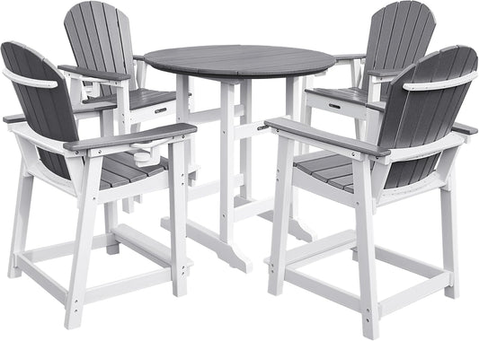 Tall Adirondack Chairs Patio Bar Tables Set of 5 Weather Resistant HDPE 35" Round Outdoor Bar Adirondack Barstools Plastic Height Table Pub, for Garden, Backyard, Yard, Pool, Fire, Pit (Grey)