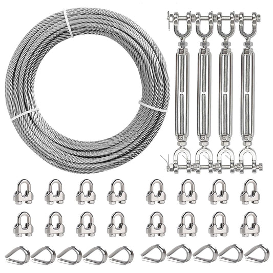 1/4" Wire Rope Kit, 100ft Stainless Steel Cable with 4Pcs 1/4 Turnbuckle, Clamp & Thimble, 7x19 Strands Heavy Duty Metal Cable,1400 lbs Load Limit, Turnbuckles for Cables Wire, Zipline