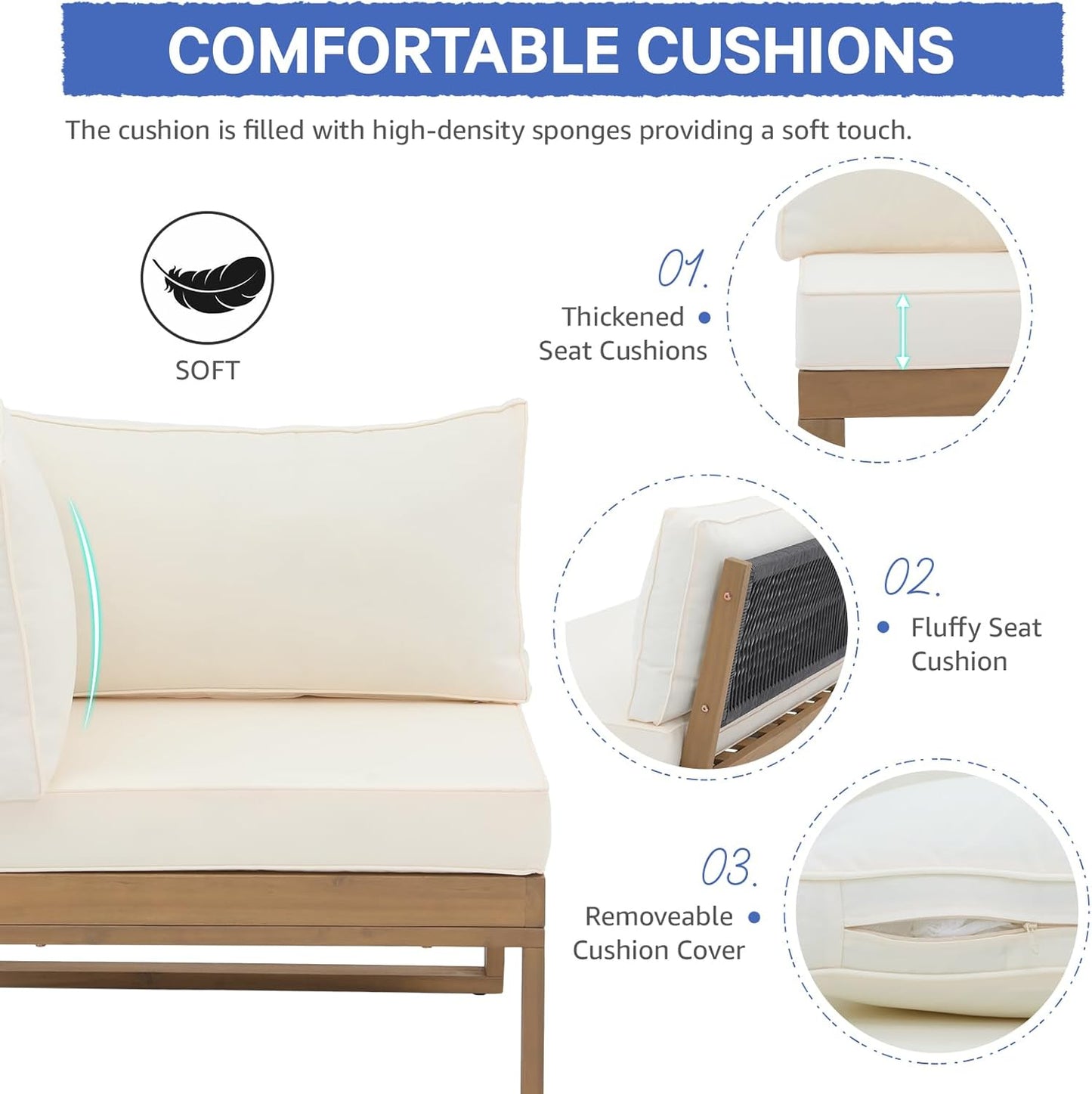 Soleil Jardin 4 Piece Acacia Wood Patio Furniture L-Shaped Outdoor Sectional Sofa Set with Coffee Table, FSC Certified Conversation Set with Built-in Side Table and Cream White Cushions for Garden