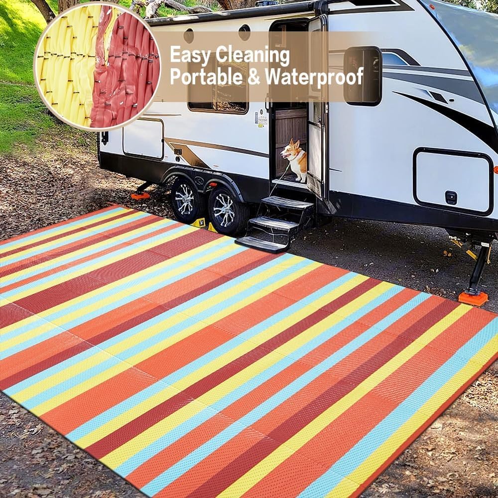 Outdoor Waterproof Rug 8'x10' Plastic Straw Rugs Washable Reversible Floor Mat Rainbow Stripe Carpet for Camping RV Deck Entryance Porch Picnic Balcony Beach Backyard