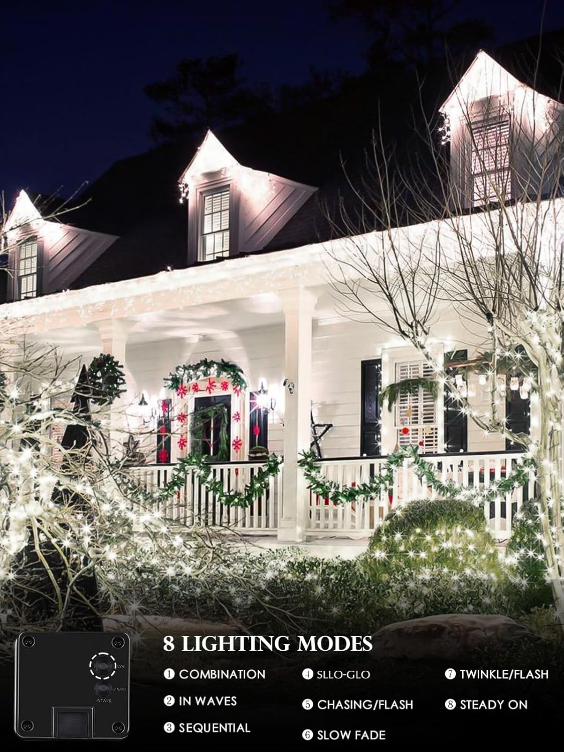 4-pack Solar Christmas Lights Outdoor Waterproof, 400LED 132FT Solar String Lights with 8 Lighting Modes, Tree Light Green Wire for Xmas Tree Party Wedding Garden Yard Fence Decoration (Cool White)