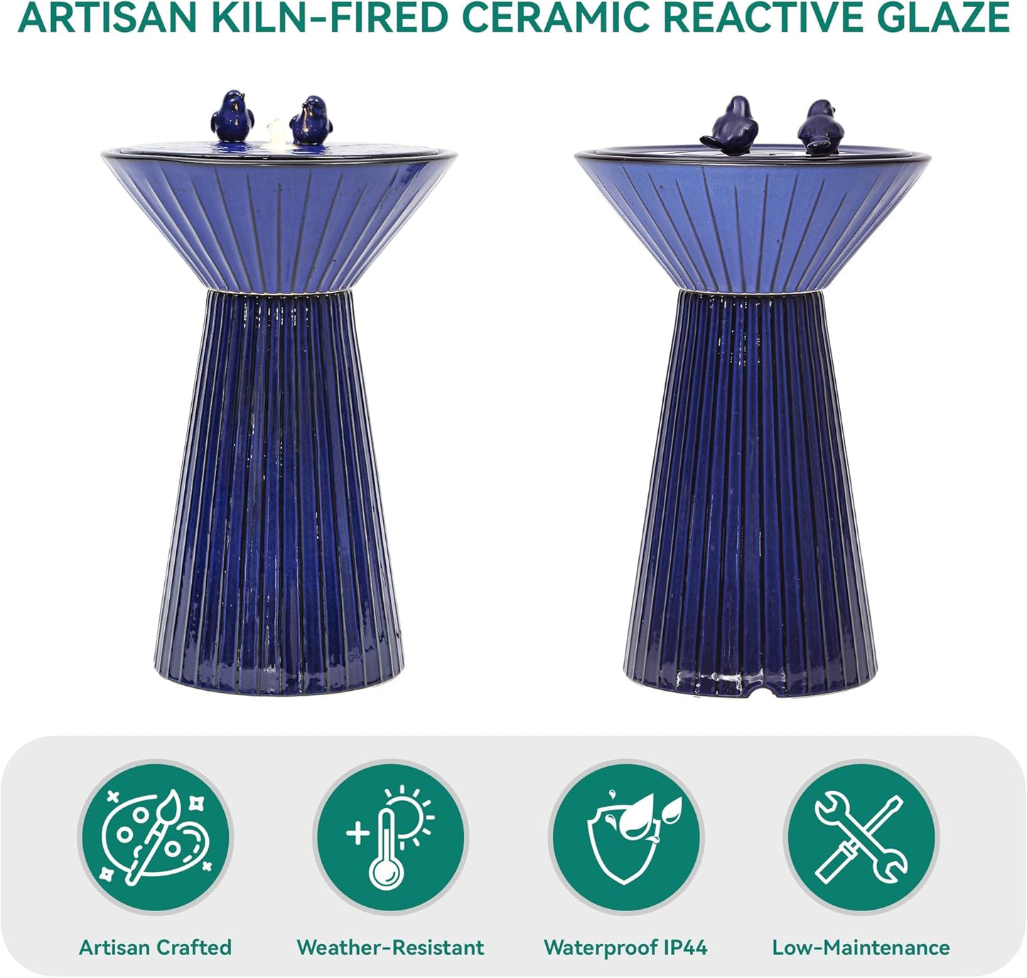 Autodaya 28" H Ceramic Birdbath Outdoor Fountain with LED Lights, Bird Accents & Fluted Texture, Bubbling Water Feature for Garden, Patio, Yard or Porch – Creates a Tranquil Oasis for Relaxation.