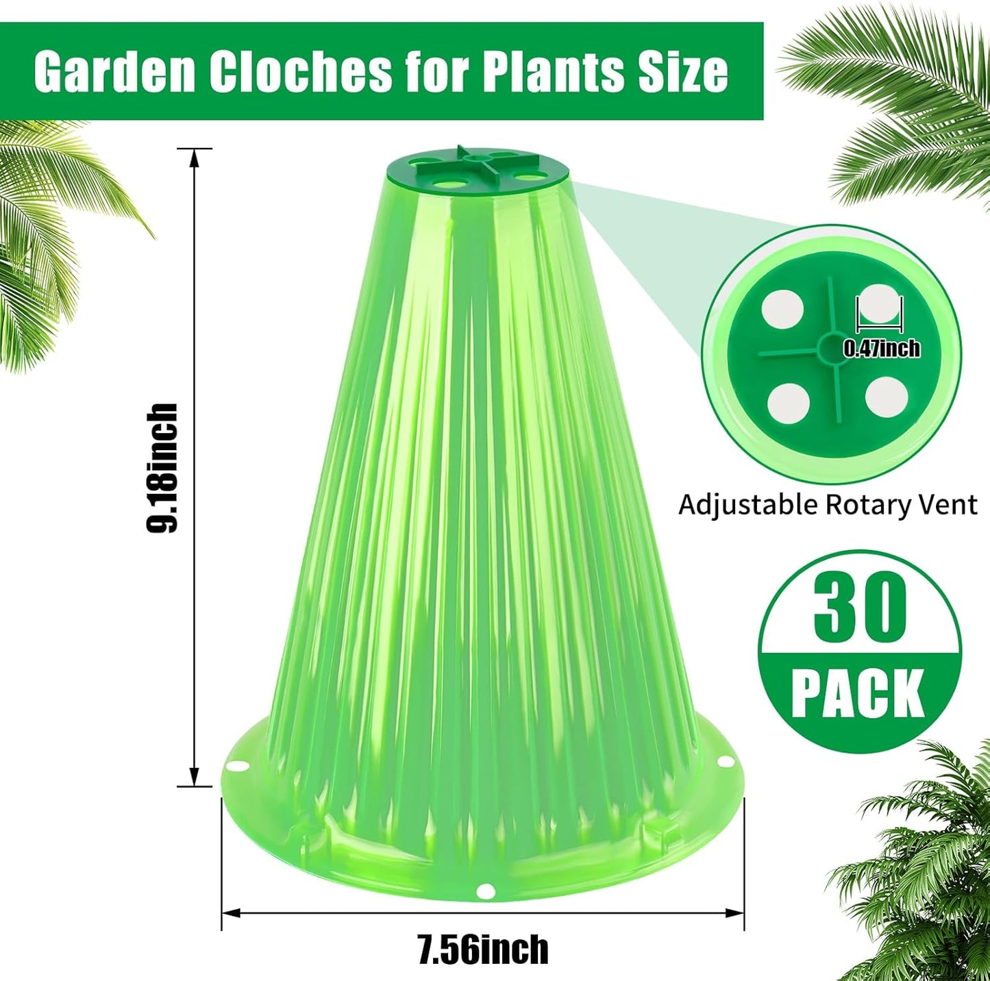 UQM 30 Pack Garden Cloches for Plants, Reusable Bell Plant Protector with Rotary Vent Cover, Garden Protection from Animals Snails Birds Chickens Insect, 9.18" H X 7.56" D (Green)