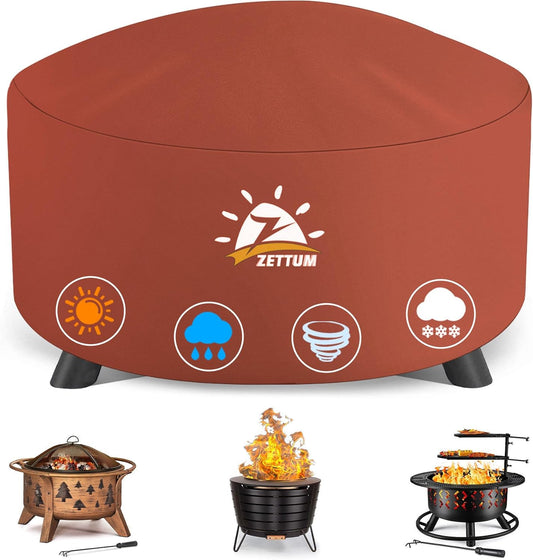 Fire Pit Cover Round 36 Inch - Outdoor Firepit Cover Heavy Duty & Waterproof, 600D Patio Fire Table Covers Gas Fire Pit Accessories Fade & Weather Resistant Brown - 36 x 36 x 20 Inch