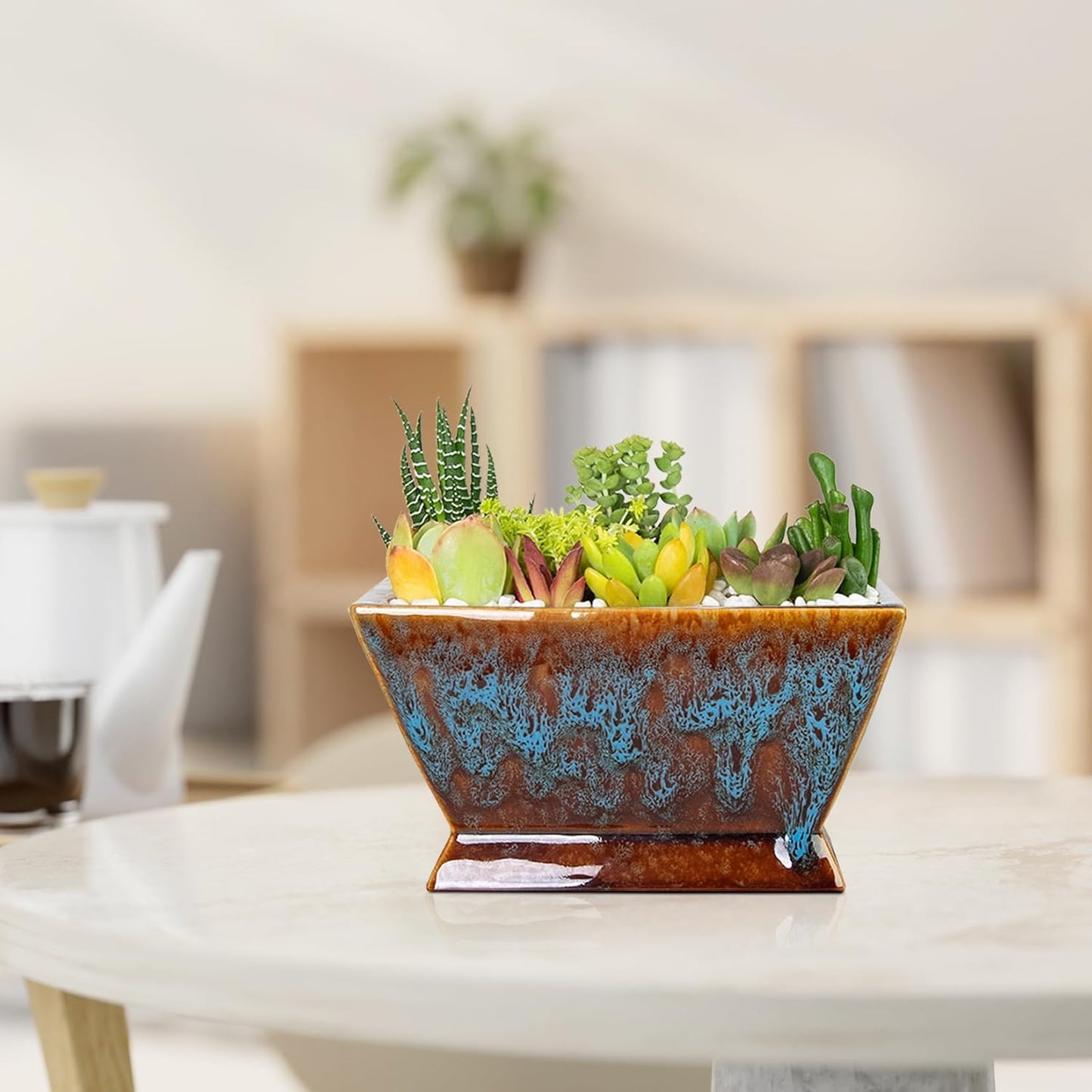 ARTKETTY Succulent Pots - 7 Inch Large Plant Pot with Drainage, Shallow Ceramic Succulent Planters for Indoor Outdoor Plants, Modern Cactus Bonsai Plant Container Decorative Home Office