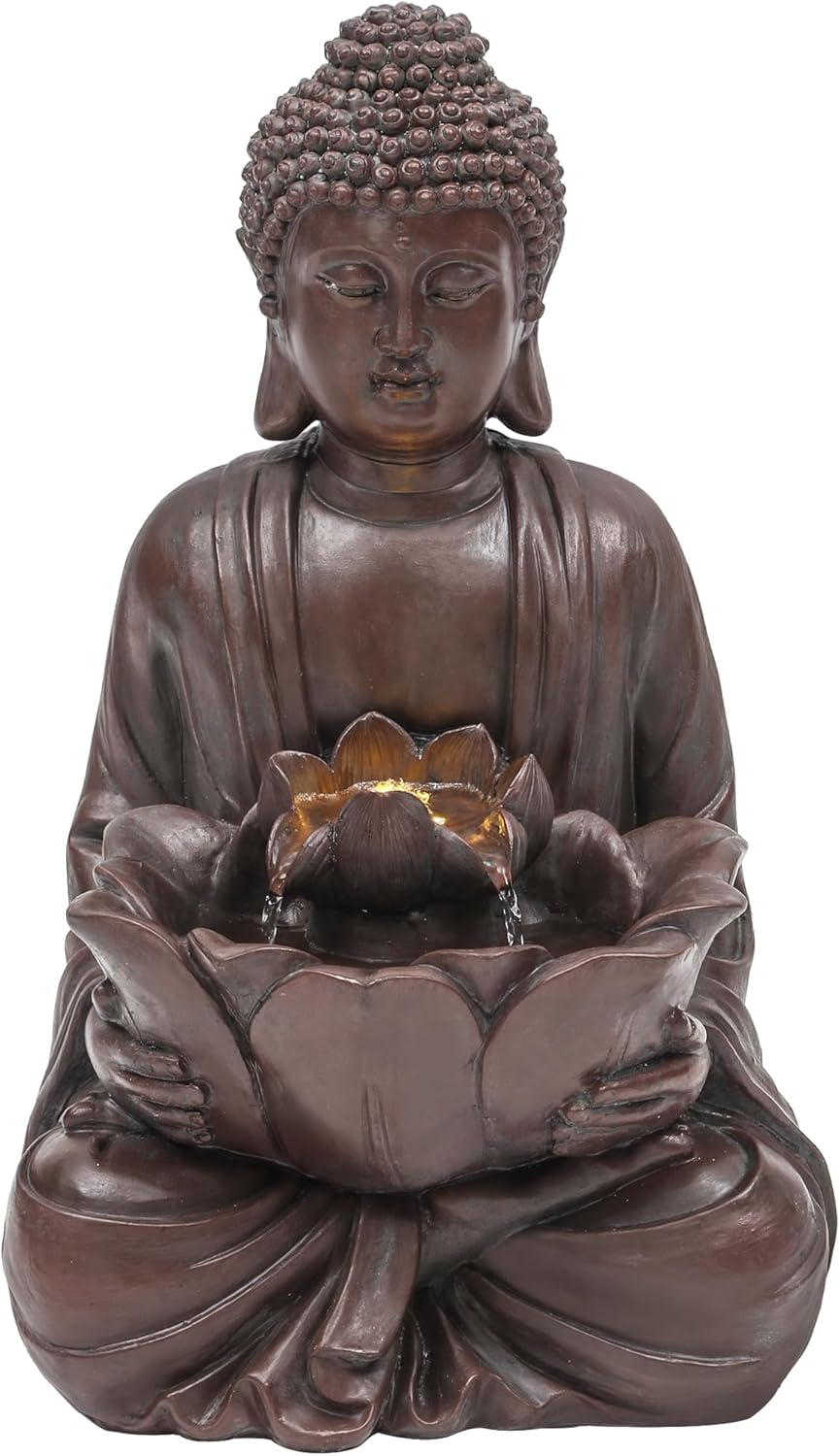 18.9" H Buddha Outdoor Water Fountain with LED Lights and Pump,Zen Style Relaxing Garden Fountain Waterfall for Patio, Porch, or Yard, Faux Bronze