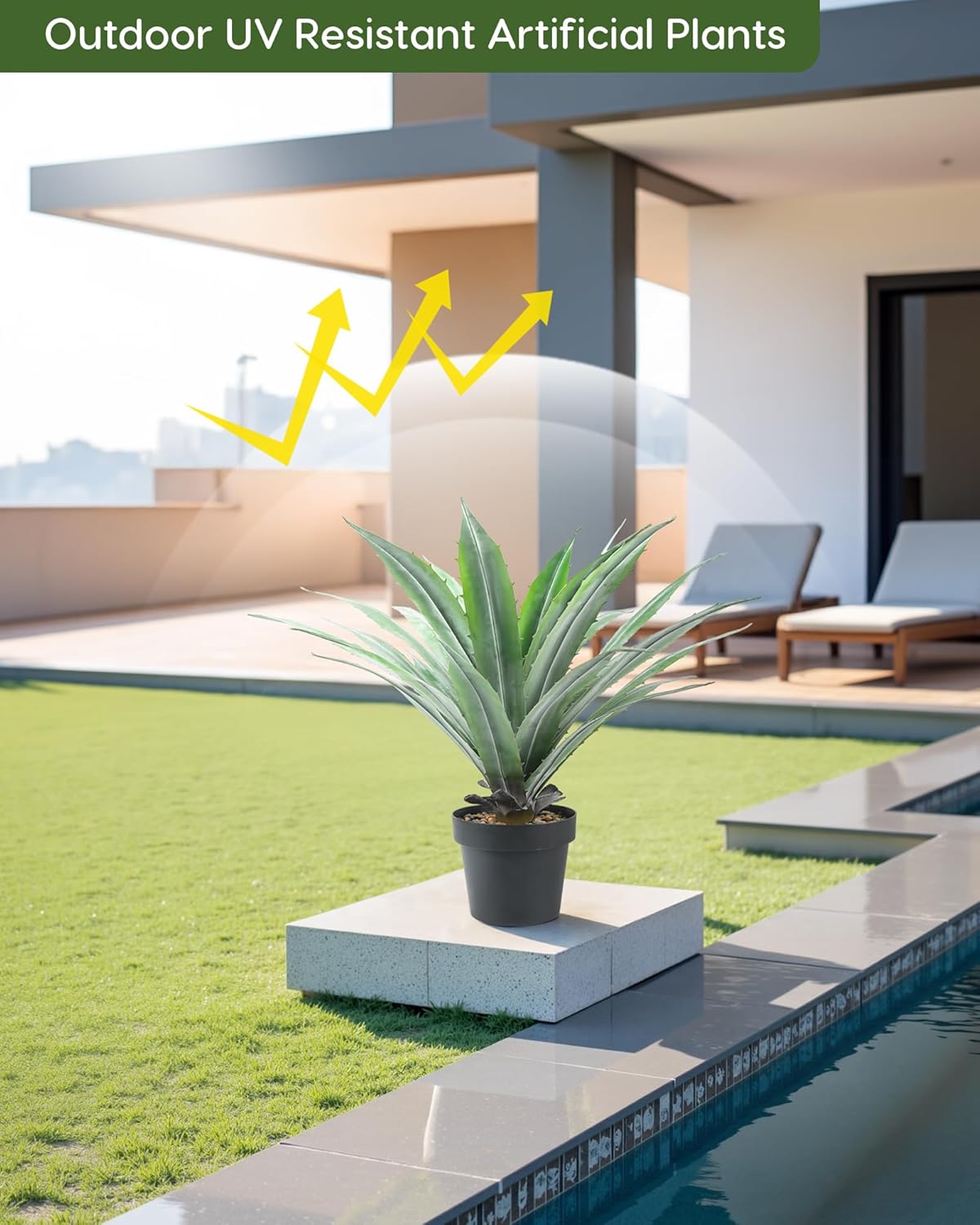 Velener Artificial Agave Plant in Black Pot with Real Stone Pebbles, Large Fake Agave Plants with Green Serrated Leaves, Faux Yucca for Indoor and Outdoor Decor-27 Inches Tall, 29 Leaves