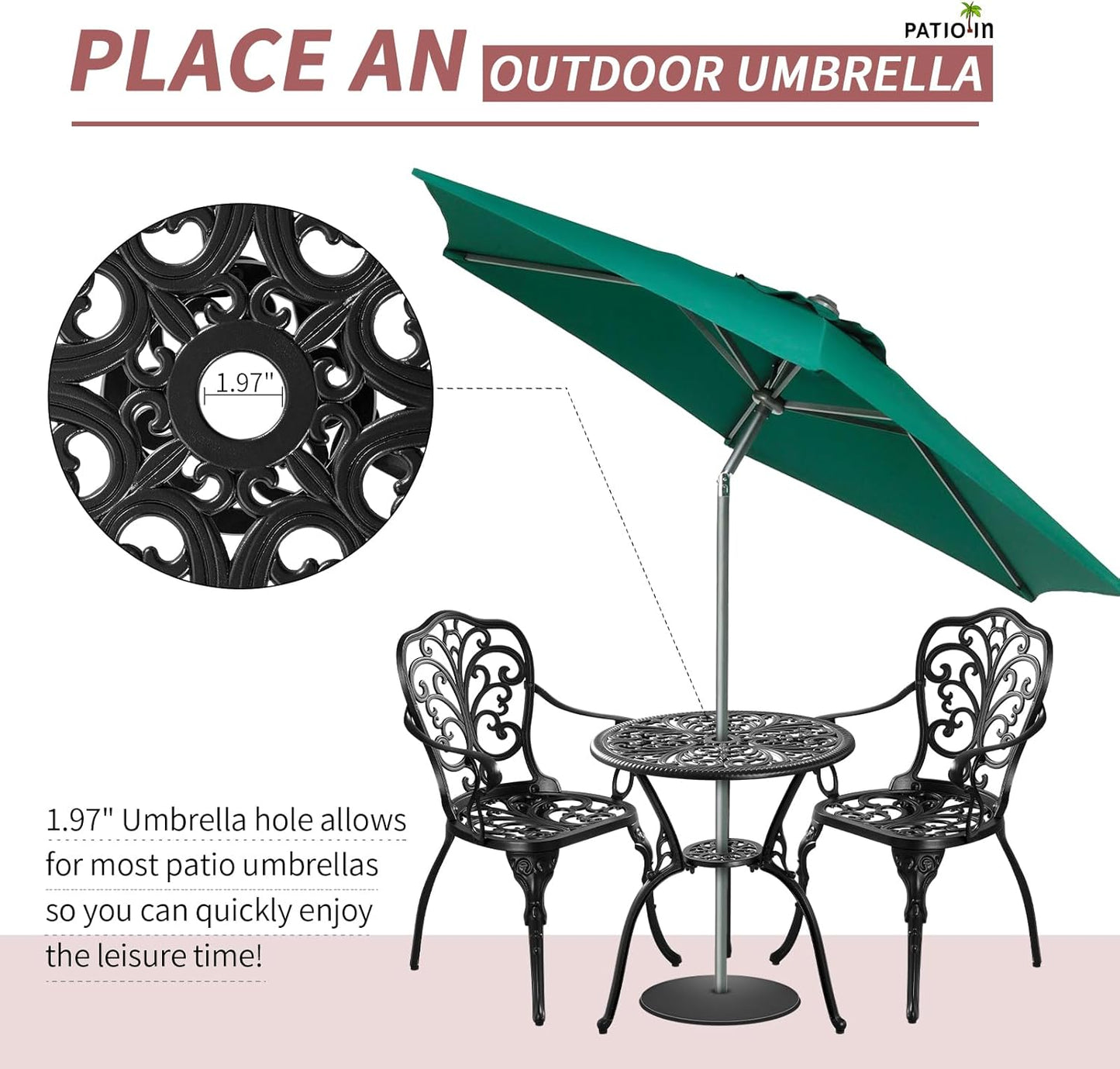 3 Piece Patio Bistro Set, Cast Aluminum Bistro Table and Chairs Set of 2 with 1.97" Umbrella Hole, All Weather Bistro Table Set Outdoor Patio Furniture for Garden, Backyard, Pool