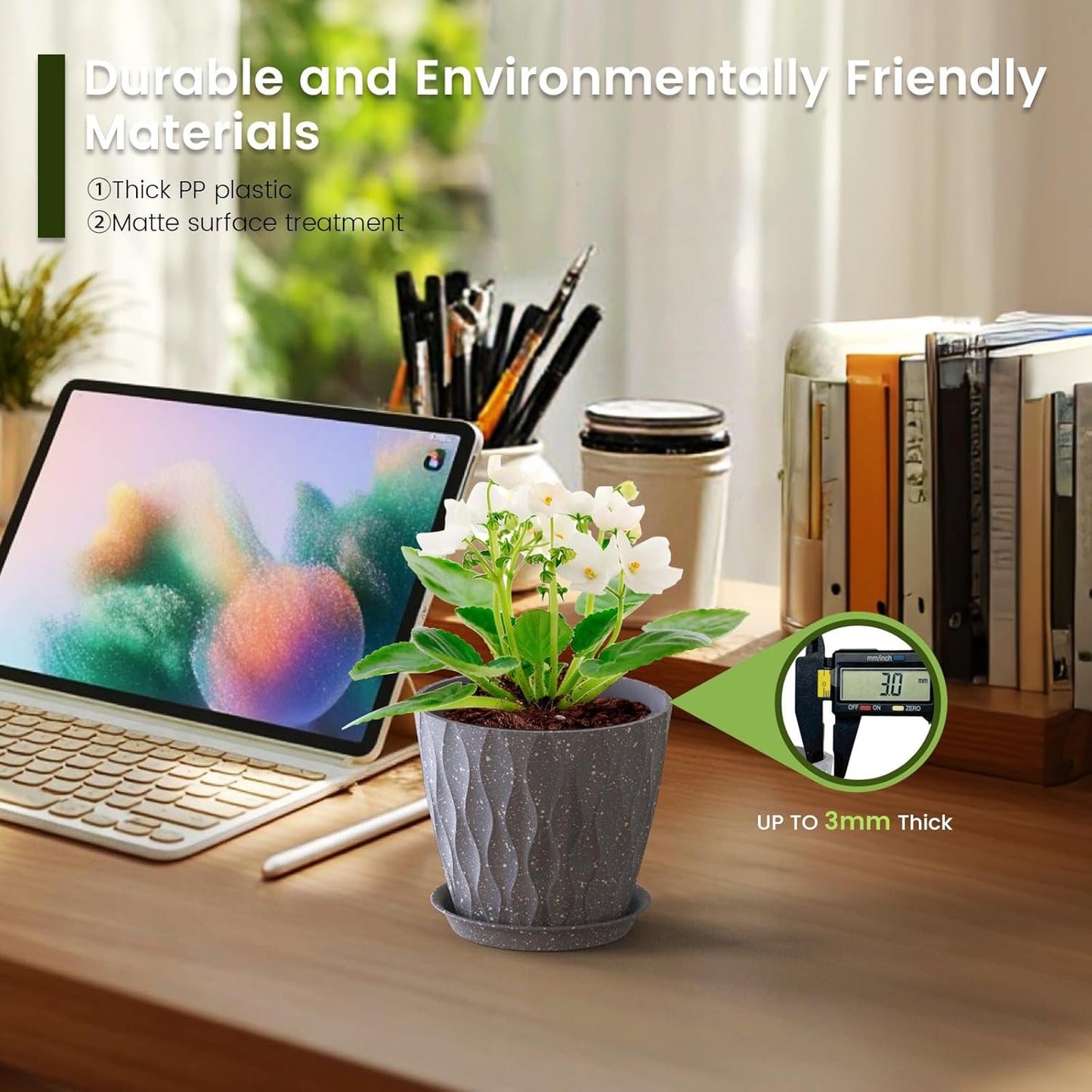 5 inch Plant Pots for Indoor Outdoor Plants, 6 Pack Thick Flower Pots with Drainage Holes and Saucers, 3D Modern Wave Texture Small Plastic Planters Nursery Pots, Speckled Grey