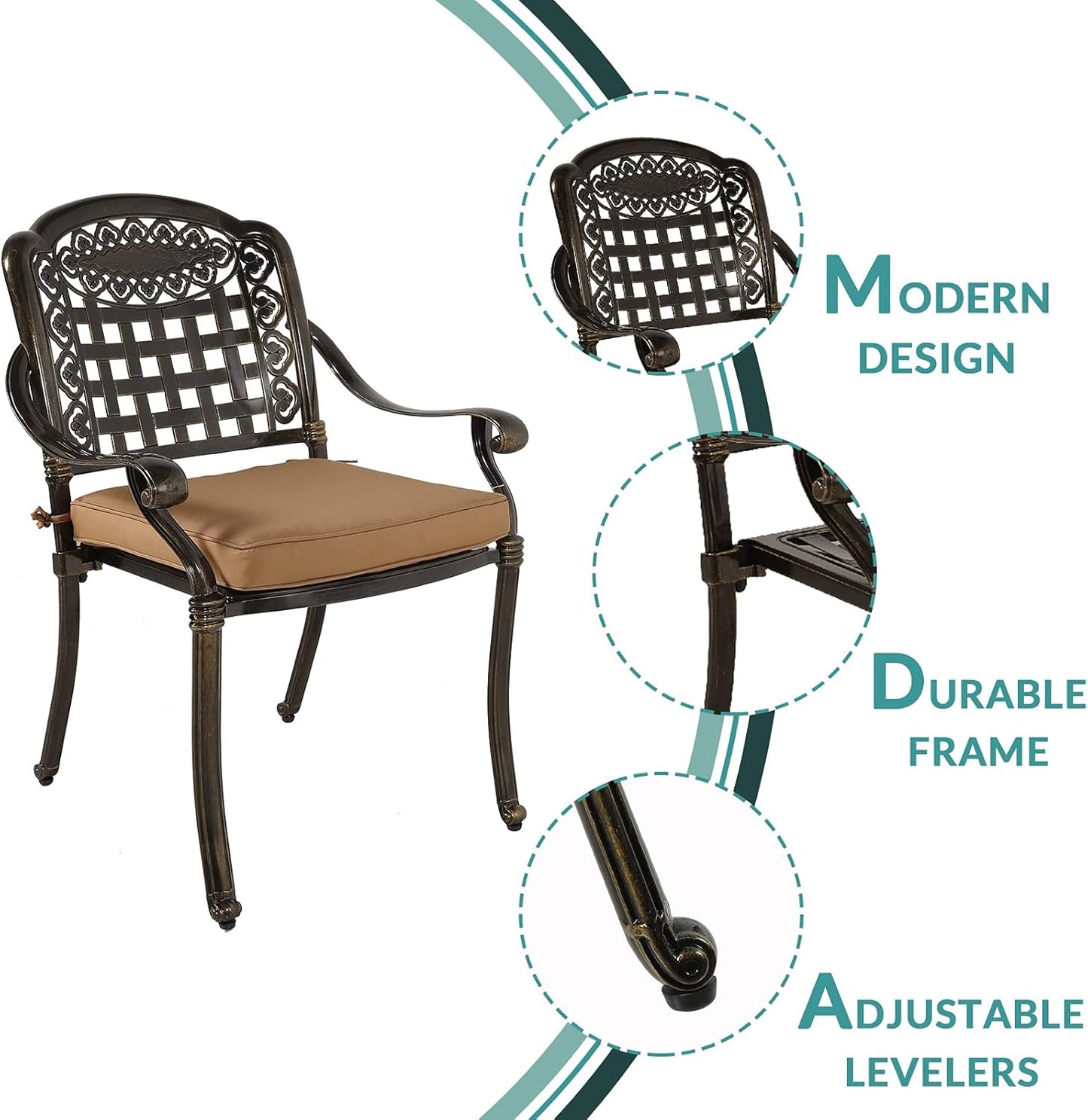 MEETWARM 3 Piece Patio Bistro Set, Outdoor All-Weather Cast Aluminum Dining Furniture Set Includes 2 Chairs with Cushions and a 31” Round Table with Umbrella Hole for Garden Deck