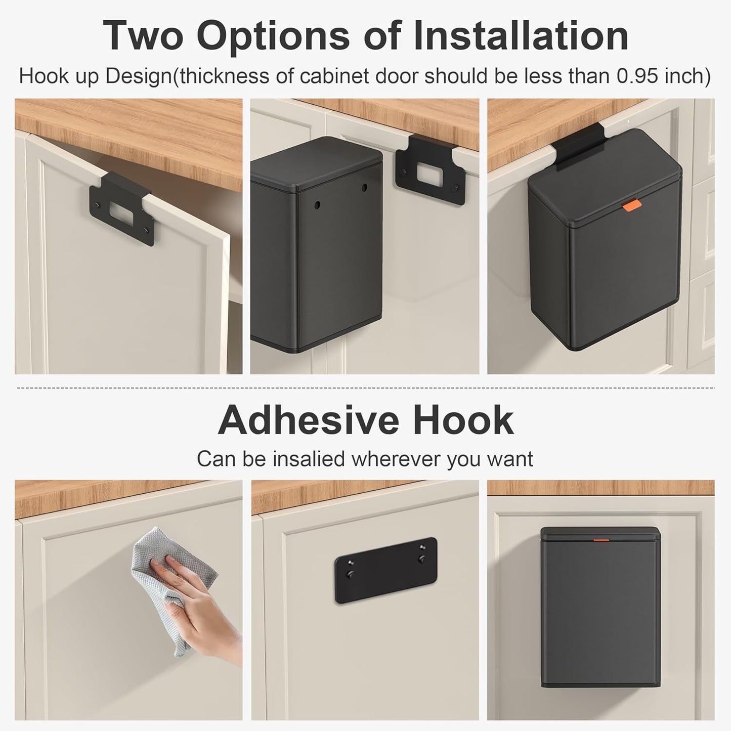 Mbillion Kitchen Compost Bin Hanging Trash Can with Lid 2.1 Gallon Stainless Steel Garbage Can for Kitchen Cabinet Door Mounted Trash Can Under Sink Door RV Bathroom,Brushed Black