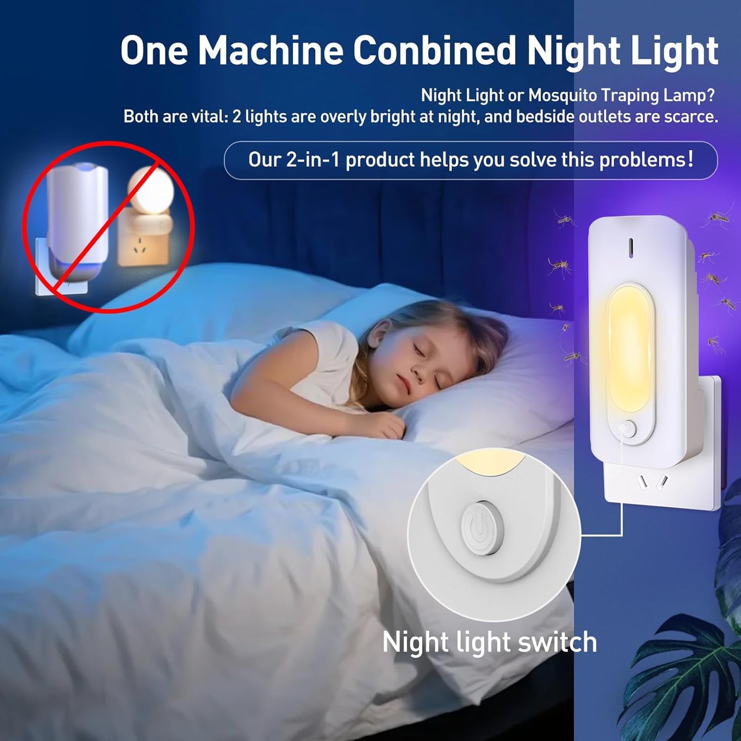 Fruit Fly Trap for Indoors-2PCS, 2 in 1 Fly Trap Indoor with Night Light for Home with 20 Refills, Gnat Traps for House Indoor, Plug-in Insect Trap for Gnats, Flies, Moths-White