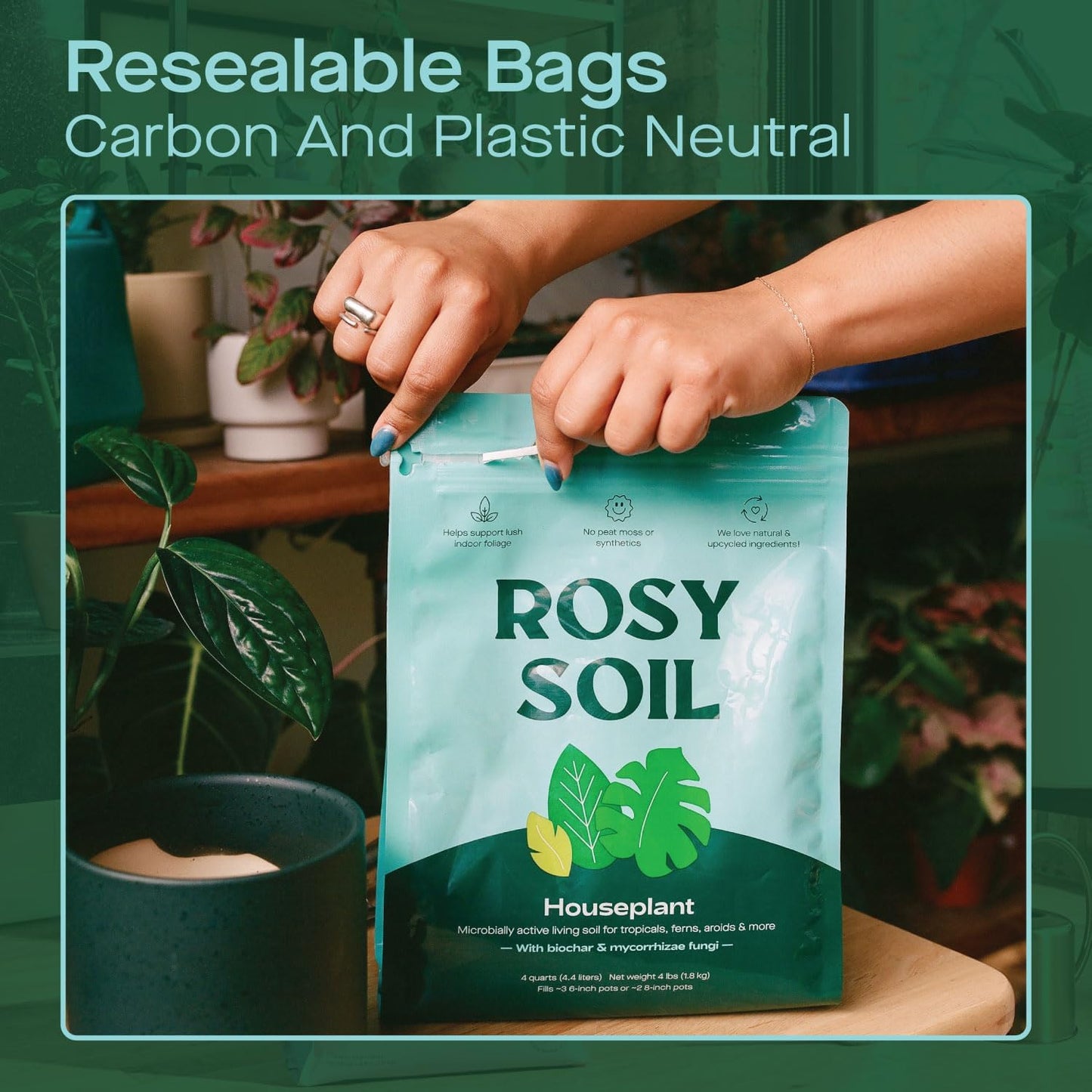 Rosy Soil Indoor Potting Soil for House Plants - Organic Potting Soil Mix for Indoor Plants - Enriched w/Root-Boosting Biochar for Foliage Plants, Flowers, Herbs - Peat Free, Less Prone to Gnats - 4qt