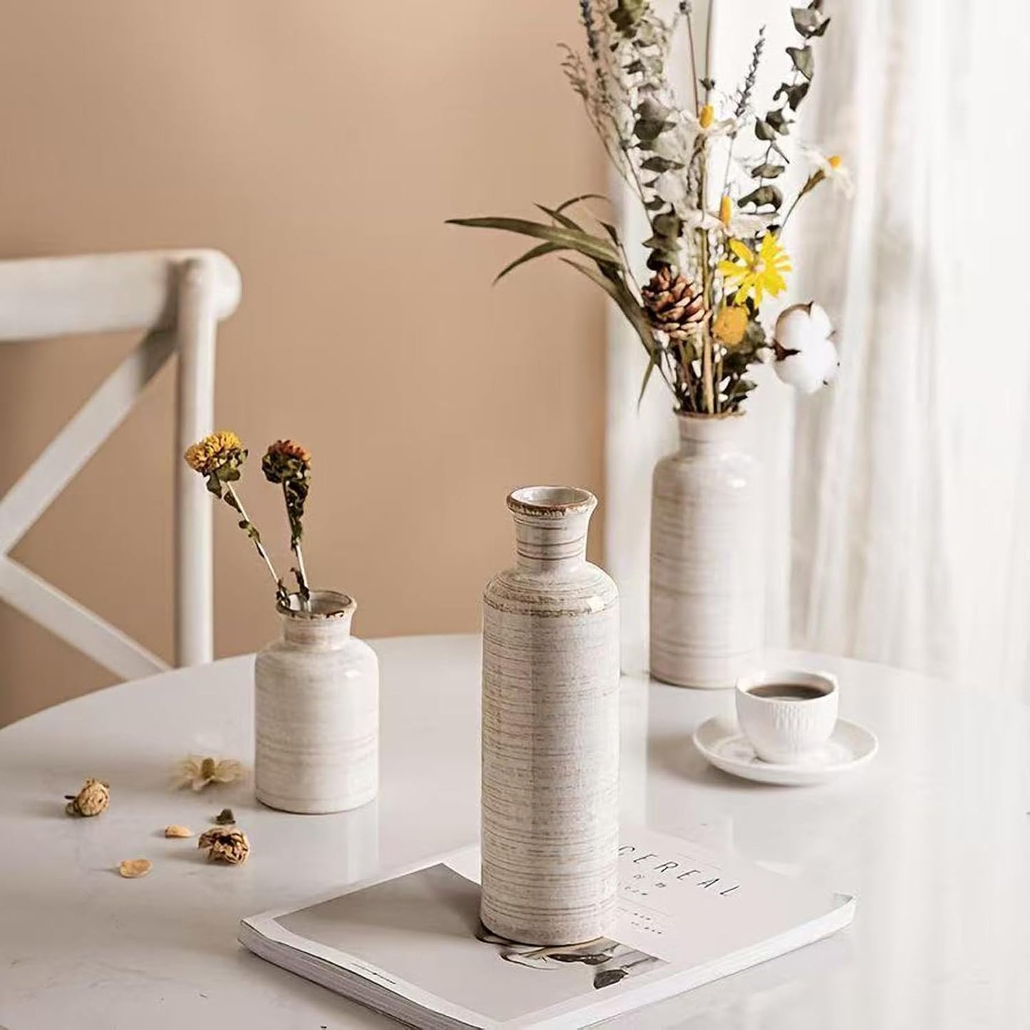 Ceramic Vase Set of 3,Modern Small Vase for Flowers,Rustic Vintage Ceramic Flower Vases for Home Decor,Decorative Vases for Table Centerpiece,Bookshelf,Fireplace and Entryway