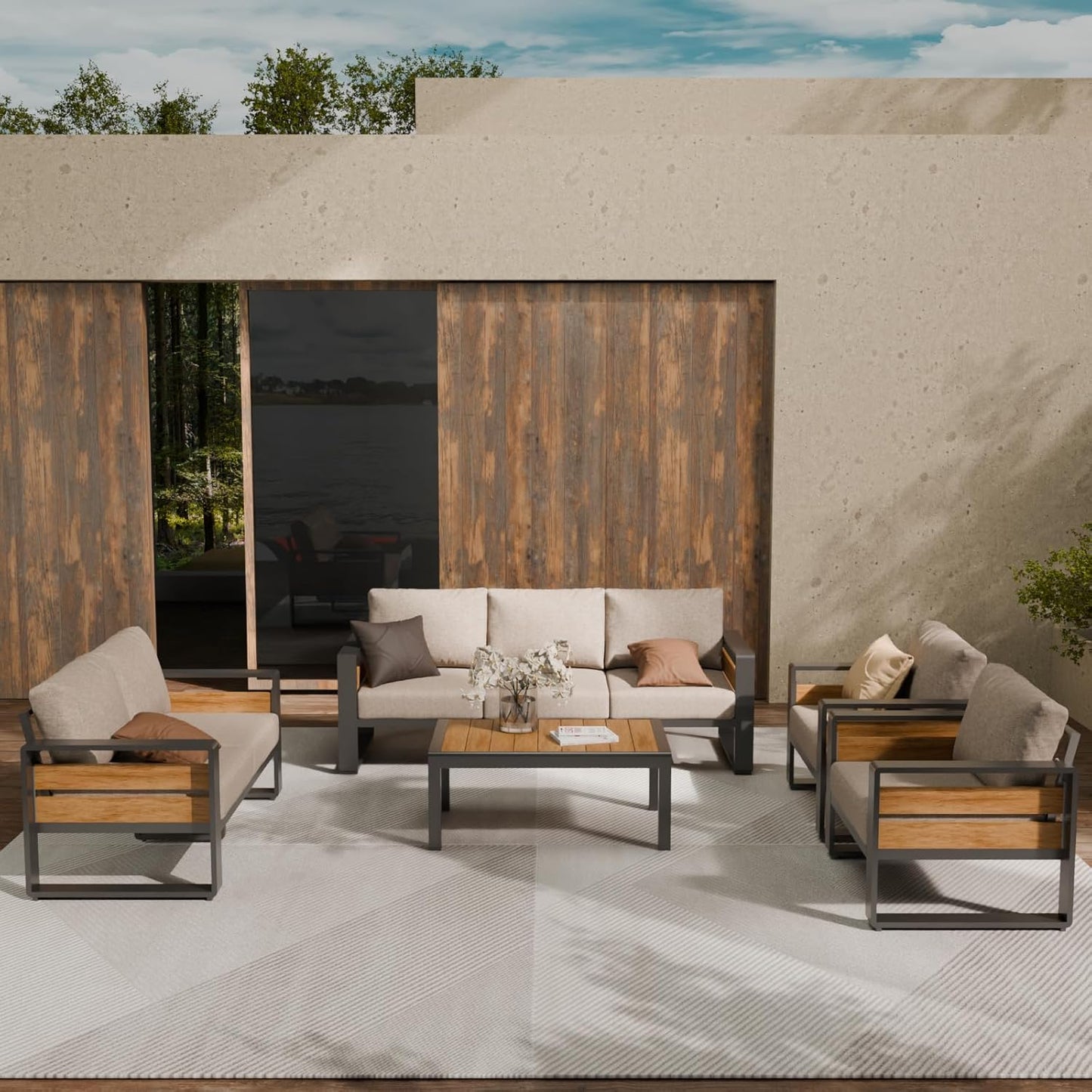 ZANDOR Aluminum Outdoor Patio Furniture Set, 5-Piece Metal Modern Outside Sectional Conversation Lawn Furniture with Coffee Table & Washable Thick Cushions,Seating Sofa for Garden/Backyard/Porch Grey