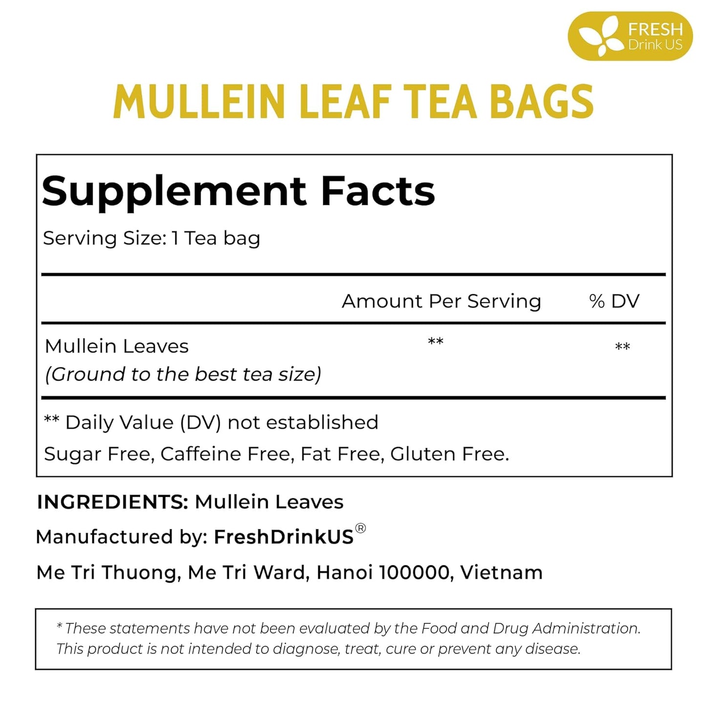 FreshDrinkUS, Premium 15 Mullein Leaf Tea Bags For Lung, 100% Natural & Pure from Mullein Leaves. Loose Leaf Mullein Herbal Tea. Made with Natural Material Tea Bags. No Sugar, No Caffeine, No Gluten, Vegan.