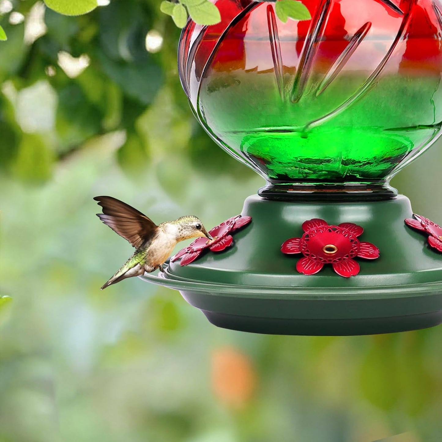 BOLITE Hummingbird Feeder, Glass Hummingbird Feeders for Outdoors Hanging, 22 Ounce, Five Feeding Ports with Perch, Peony Flower Shape, Red and Green, Gifts for Women Men, Gifts for Mom Dad