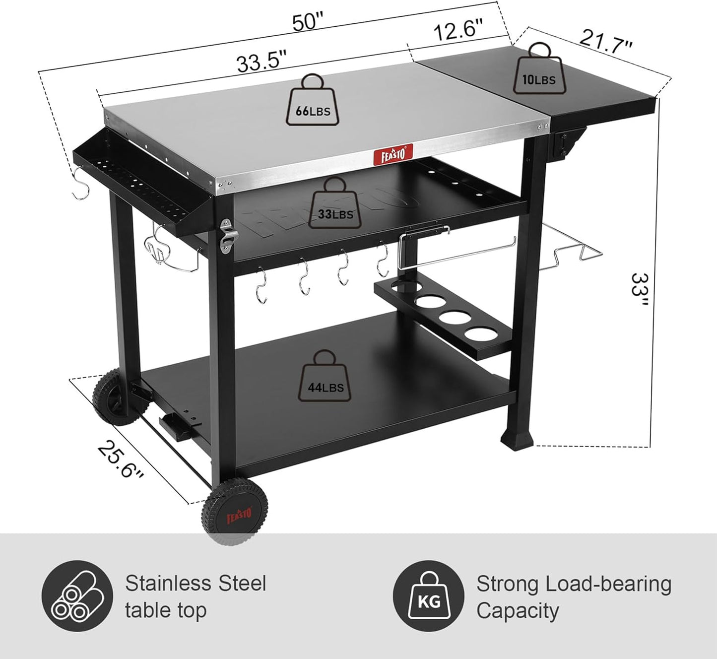 Outdoor Grill Table Cart, Pizza Oven Table Stand for Outdoor Indoor, 40" x 26" Stainless Steel Tabletop Dining BBQ Grill Table with Wheels for Food Prep, 3-Shelf Kitchen Cart Table with Cover