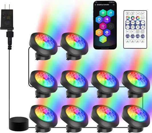 RGB Underwater Pond Lights, Super Bright 18 LED Submersible Fountain Lights Color Changing Spotlights, Bluetooth APP Control IP68 Waterproof for Fish Aquarium Tank Garden Yard Pool(Set of 10)