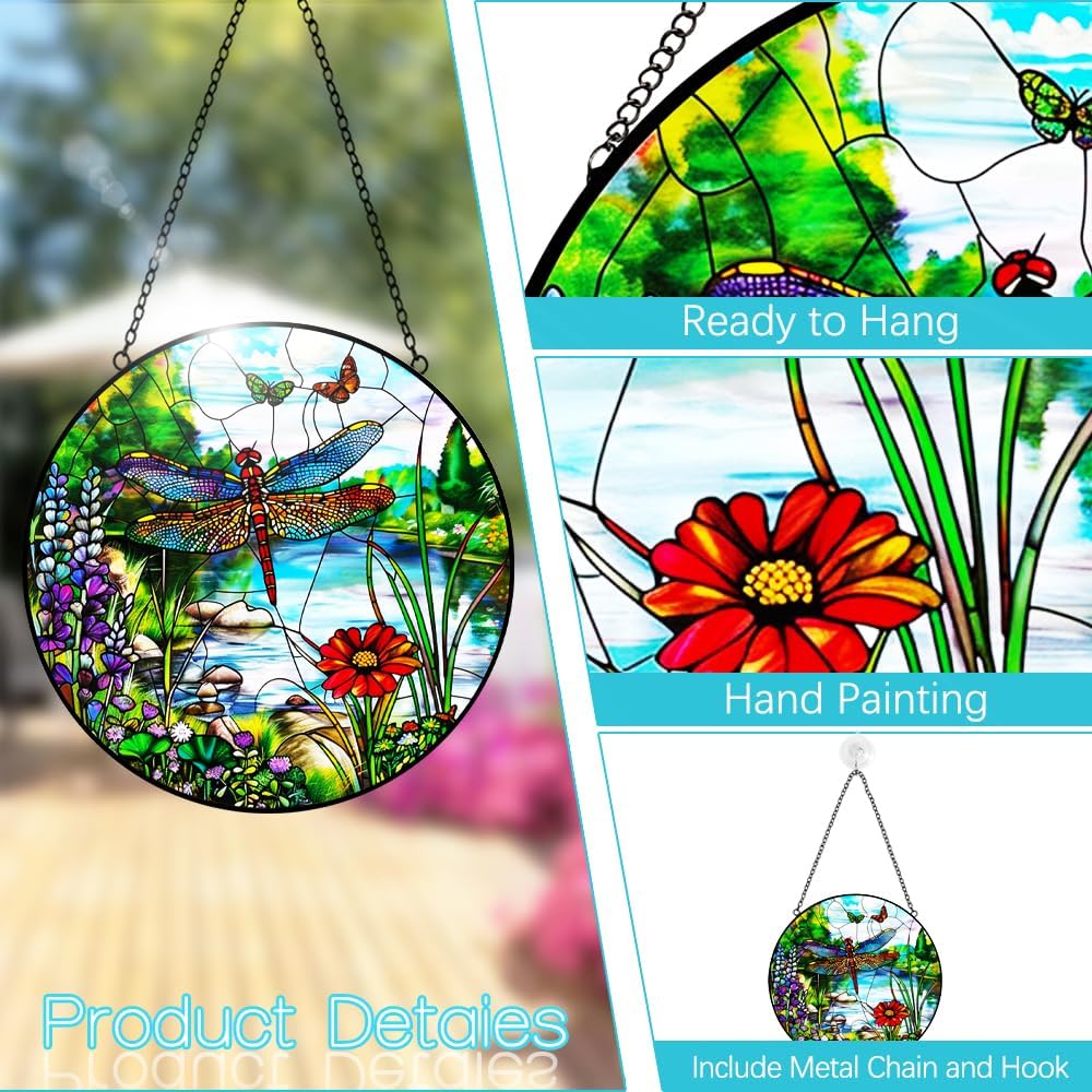 Dragonfly Suncatcher Stained Glass Window Hanging - 8″ Handmade Stained Glass Suncatchers for Windows Hanging - Sun Catchers Indoor Wall Art Catcher for Home Garden Decor -Birthday Gift for Women Men