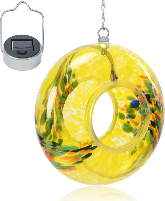VCUTEKA Bird Feeder Solar Fly Through Bird Feeders for Outside Hanging with Round Shape Glass Container to Attract Wild Birds for Garden Decor, Yellow 8"