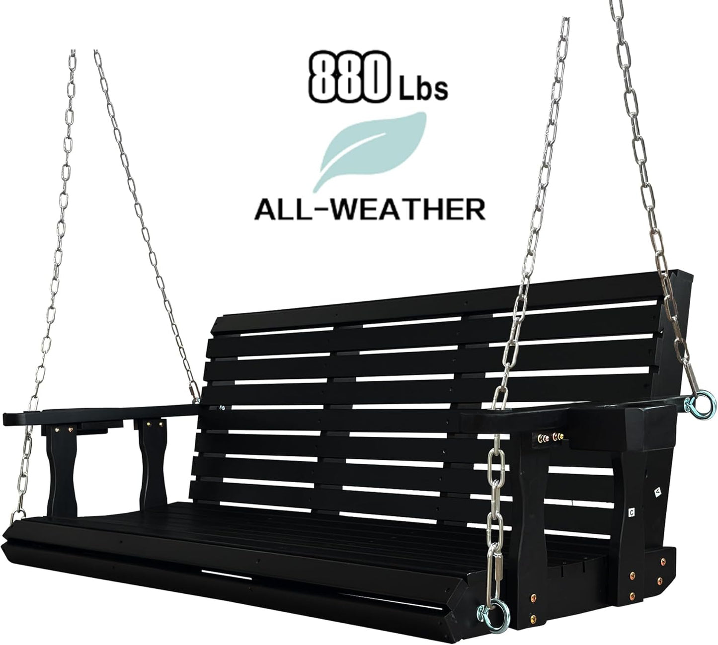 Wooden Porch Swing 3-Seater, High Backrest and Deep Seat, Bench Swing with Cupholders, Hanging Chains and 7mm Springs, Heavy Duty 880 LBS, for Outdoor Patio Garden (Carbon Black, 5 FT Extra Large)
