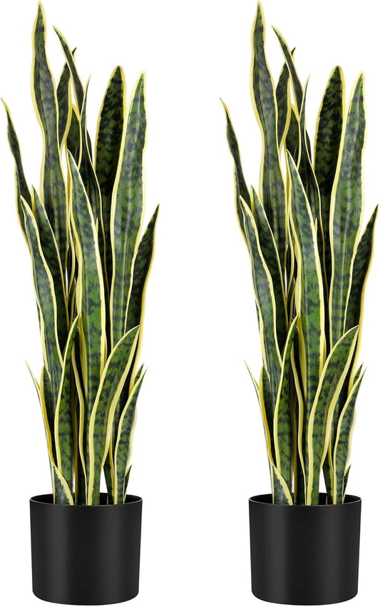 KOL 3ft 2PCS Artificial Snake Plant, 32 PVC Lifelike Leaves, 35in Faux Sansevieria for Indoor Home & Garden Decor, Potted Mother-in-Law's Tongue Plants, Yellow