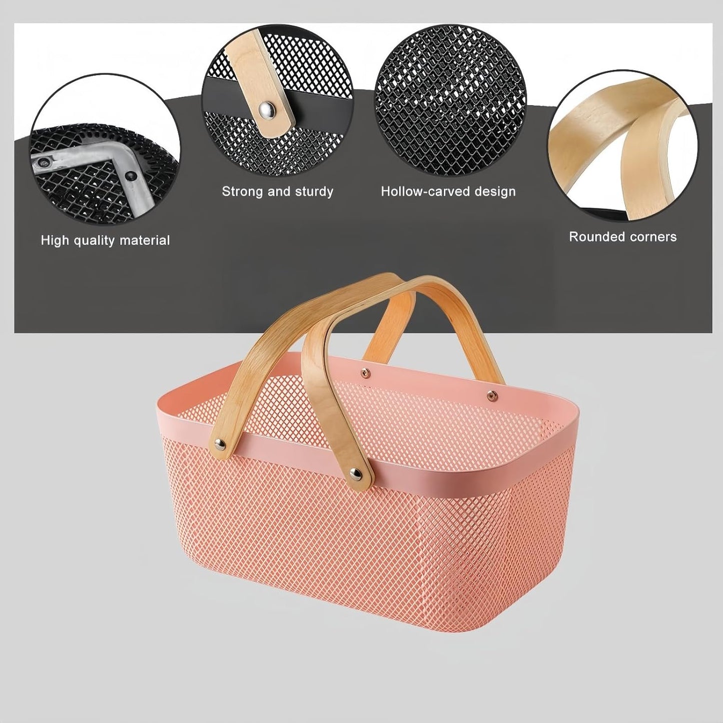 3pcs plastic harvest baskets, foldable wooden handles, rectangular garden storage baskets, for picking and collecting vegetables and fruits in the garden cabinet (Pink)