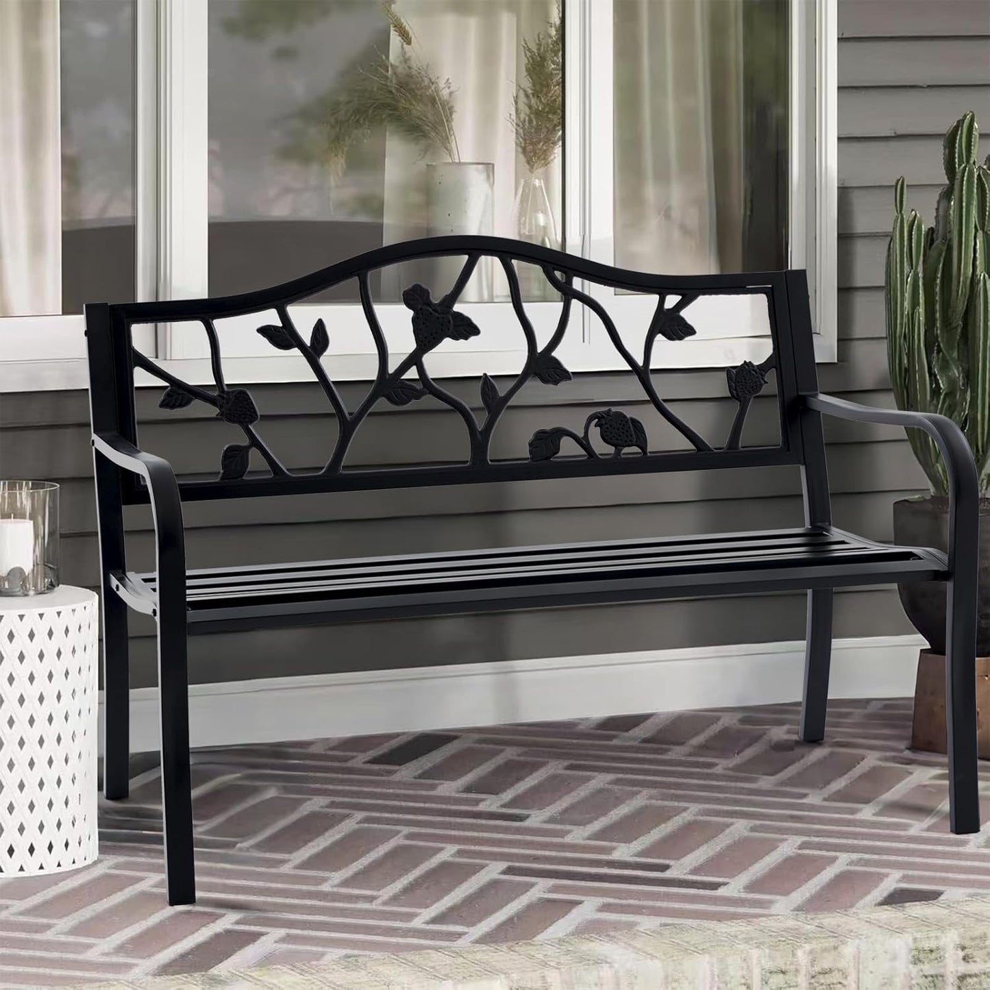 50” Strawberry Outdoor Garden Bench, Weatherproof Sturdy Cast Iron Metal Frame Patio Park Bench for Porch Yard Lawn Deck Park (Black Strawberry Style)