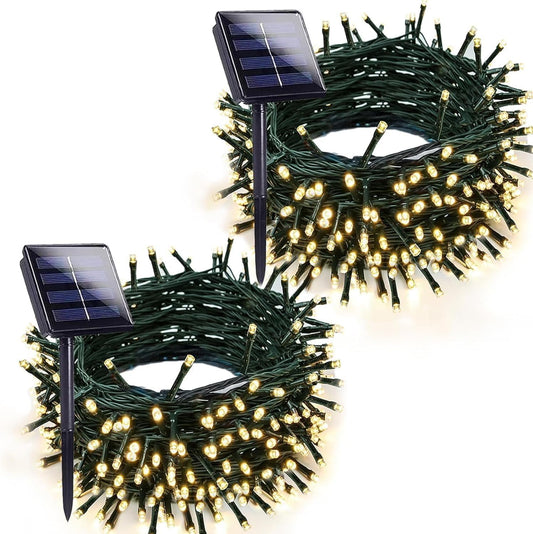 Warm White Solar Christmas Lights Outdoor Decorations Waterproof, Tatal 2 Pack 200LED 66FT Solar String Lights Green Wire with 8 Modes, Christmas Fairy Light for Xmas Tree Party Wedding Garden Decor