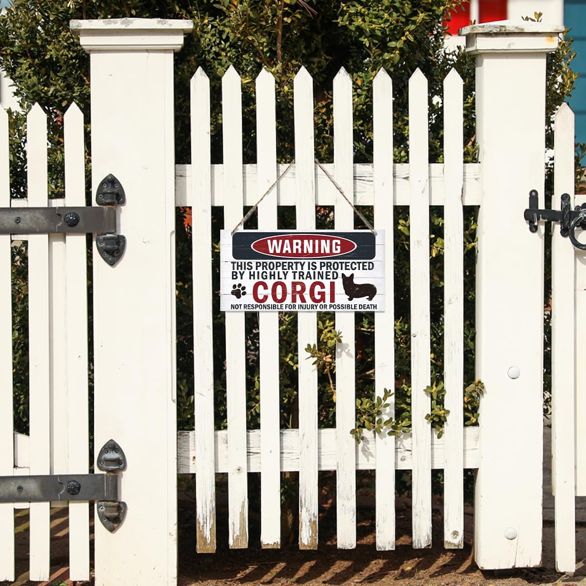 Funny Warning Sign - The Property is Protected By Highly Trained Corgi - Decorative Wood Hanging Plaque, Wall Decor, Owner Home Decor, Door Gate Hanger, Front Porch Sign