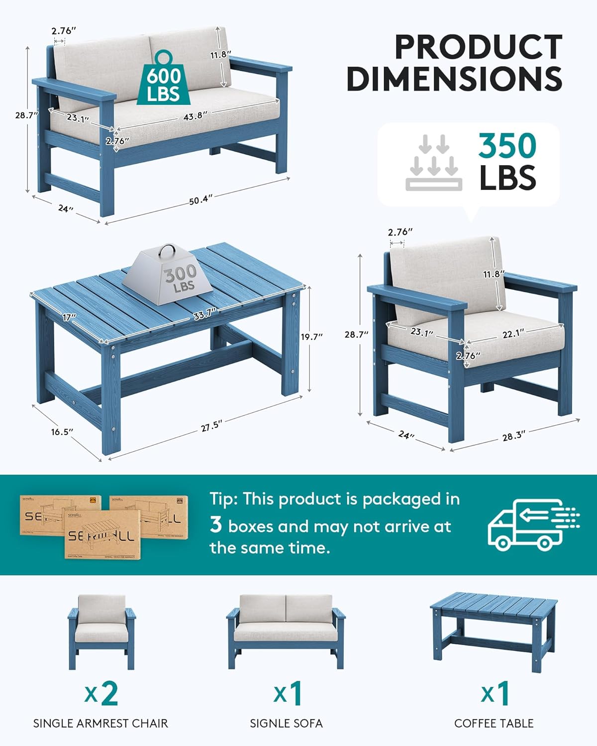 SERWALL 4 Pieces HDPE Outdoor Sofa Set with Cushions, All Weather Use Conversation Couch Set, Outdoor Loveseat Furniture with Coffee Table for Patio, Blue Frame with Khaki Cushions