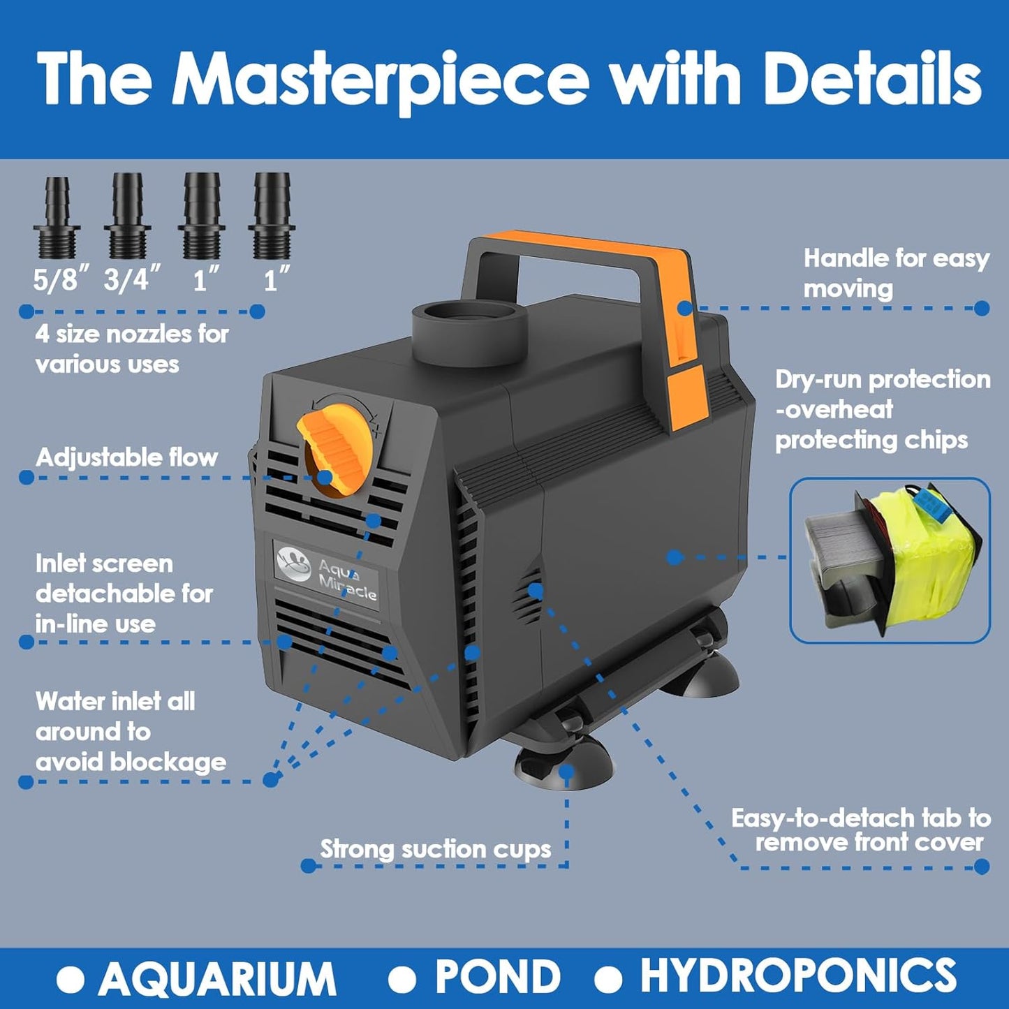 AquaMiracle 600GPH Submersible Water Pump Pond Pump(2270L/H, 35W), Water Fountain Pump Aquarium Water Pump with Flow Control for Fish Tank, Waterfall, Statuary, Filtration, Water feature, Hydroponics