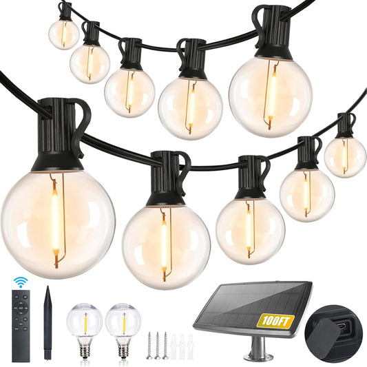 100FT Solar String Lights Outdoor Waterproof with Remote, G40 Solar Powered String Lights with 30+2 LED Shatterproof Bulbs, Dimmable Solar Patio Hanging Lights for Outside Backyard Party