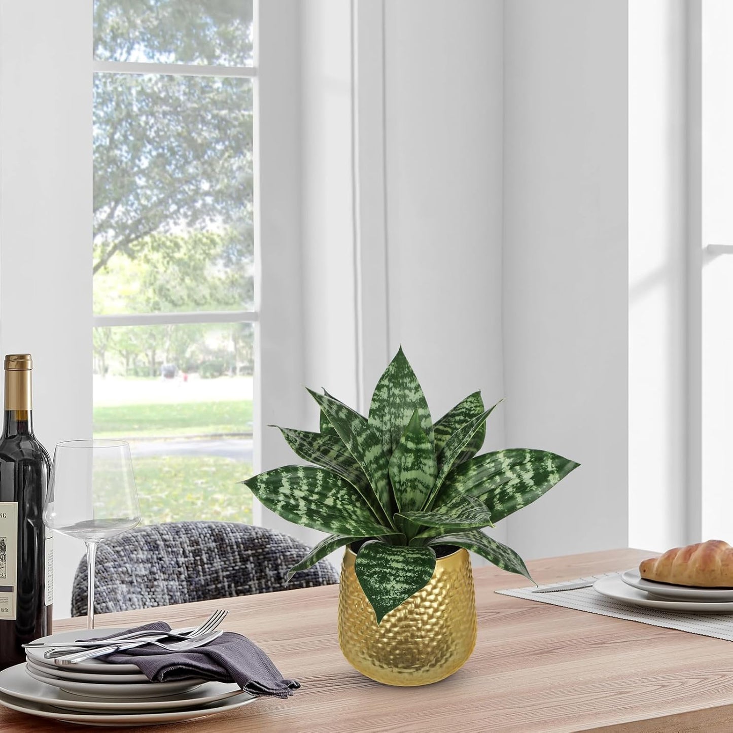 Hollyone Artificial Snake Plants 9" Faux Agave Succulent Plant Potted in Gold Metal Pot Fake Sansevieria Aloe Tropical Plant for Desk Modern Office Home Bathroom Indoor Outdoor Decor