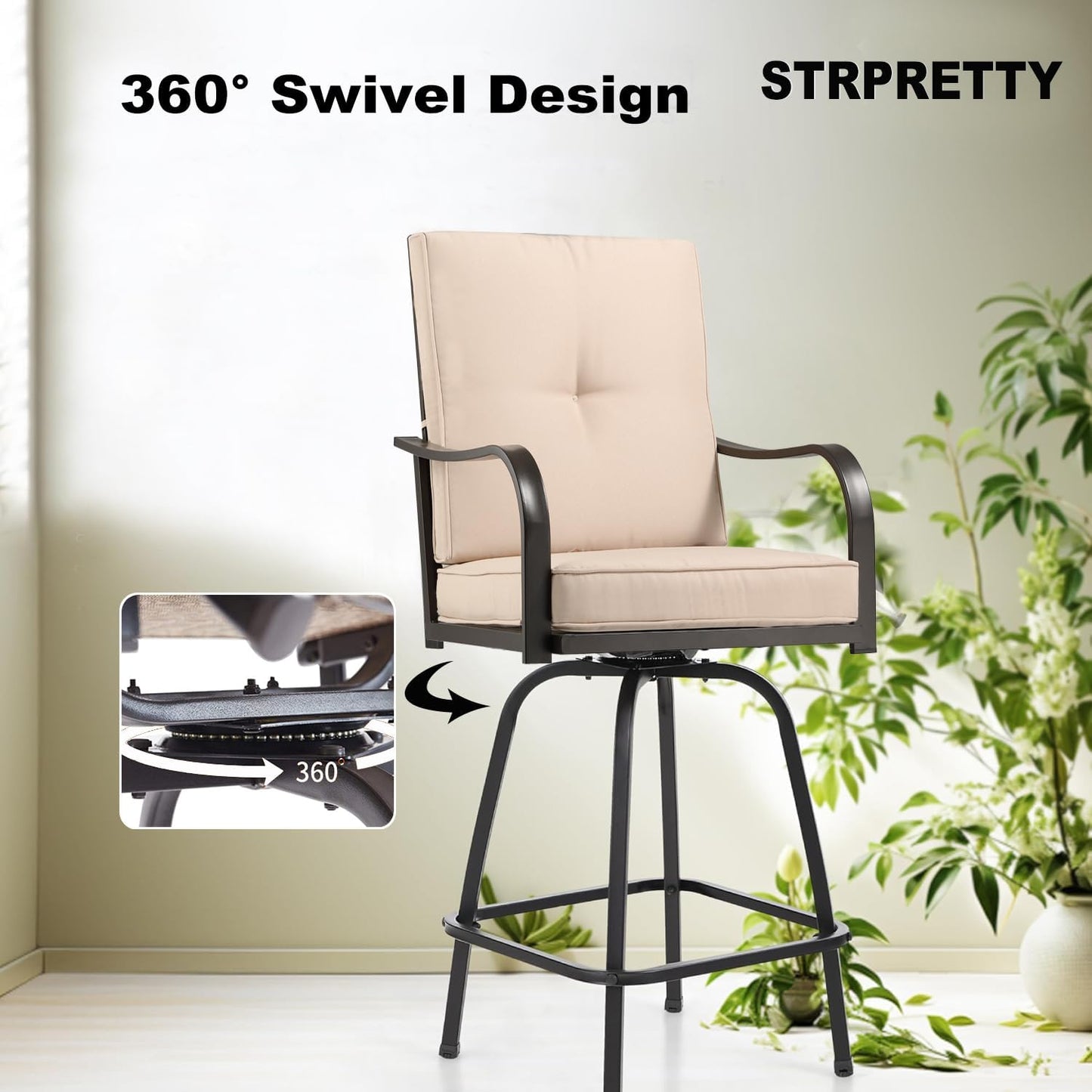 Patio Swivel Bar Stools Set of 2, Outdoor Bar Height Patio Swivel Chairs with Cushion for Garden Balcony Backyard (Beige)