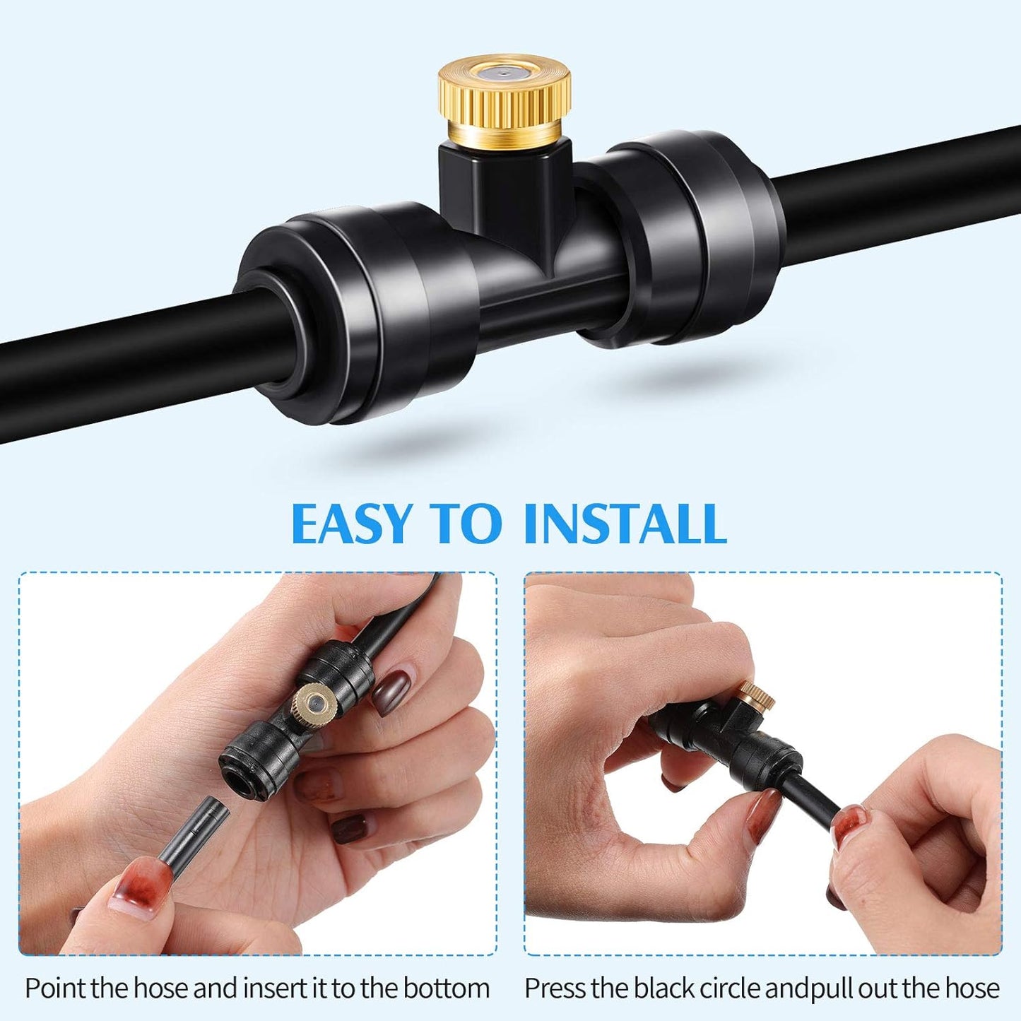 Misting Nozzles Kit Include Water Misting Tees Thread 1/4 Inch and Brass Orifice Nozzle with Black Plug for Outdoor Spray Cooling System(72 Pieces)