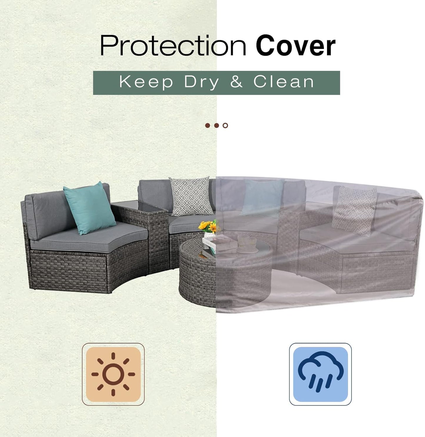 SUNSITT Outdoor Patio Furniture Sectional 7-Piece Half-Moon Curved Outdoor Sofa Set with Round Coffee Table, 4 Pillows & Waterproof Cover, Grey Rattan