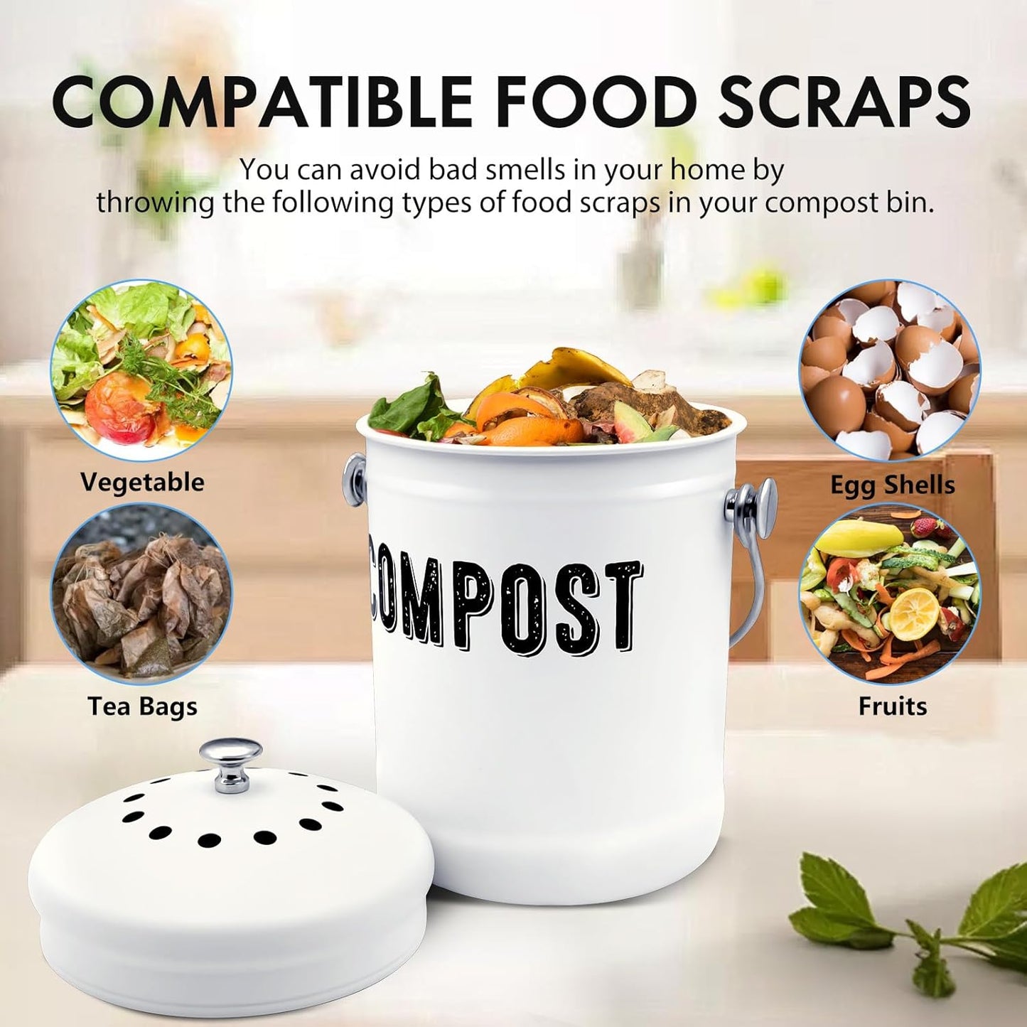 Compost Bin Kitchen, ENLOY Countertop Compost Bin with Lid Use for Kitchen Food Waste, Powder Coated Rust Proof Odorless Compost Bucket, 1.3 Gallon, White