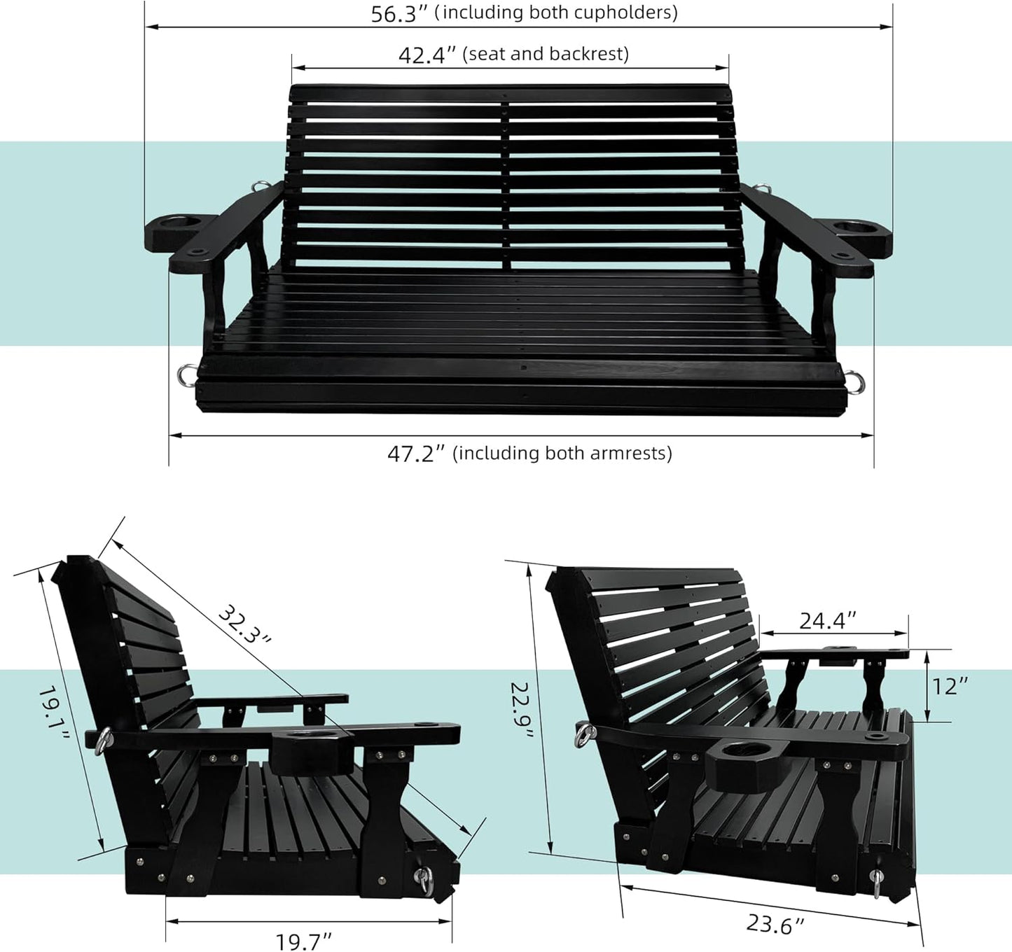 Wooden Porch Swing 2-Seater, High Backrest and Deep Seat, Bench Swing with Cupholders, Hanging Chains and 7mm Springs, Heavy Duty 880 LBS, for Outdoor Patio Garden (Carbon Black - 4 FT Extra Large)