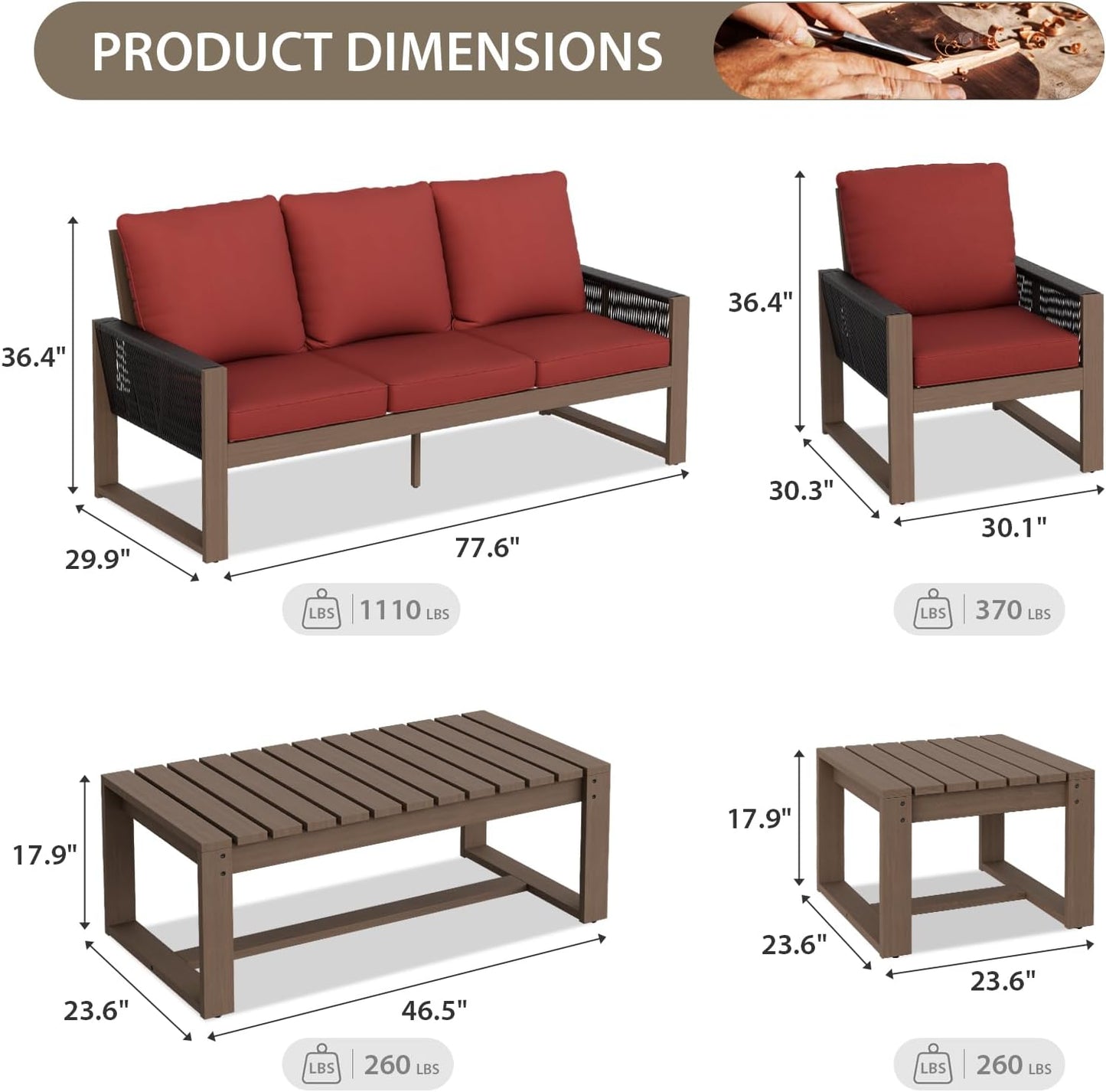EAGLE PEAK Natural Wood Outdoor Patio Furniture, Cedar Furniture, Conversation Set, Outdoor Seating for Deck Patio Porch, Sofa 2 Chairs, Coffee Table & Side Table, 5 Pieces, Brown/Red