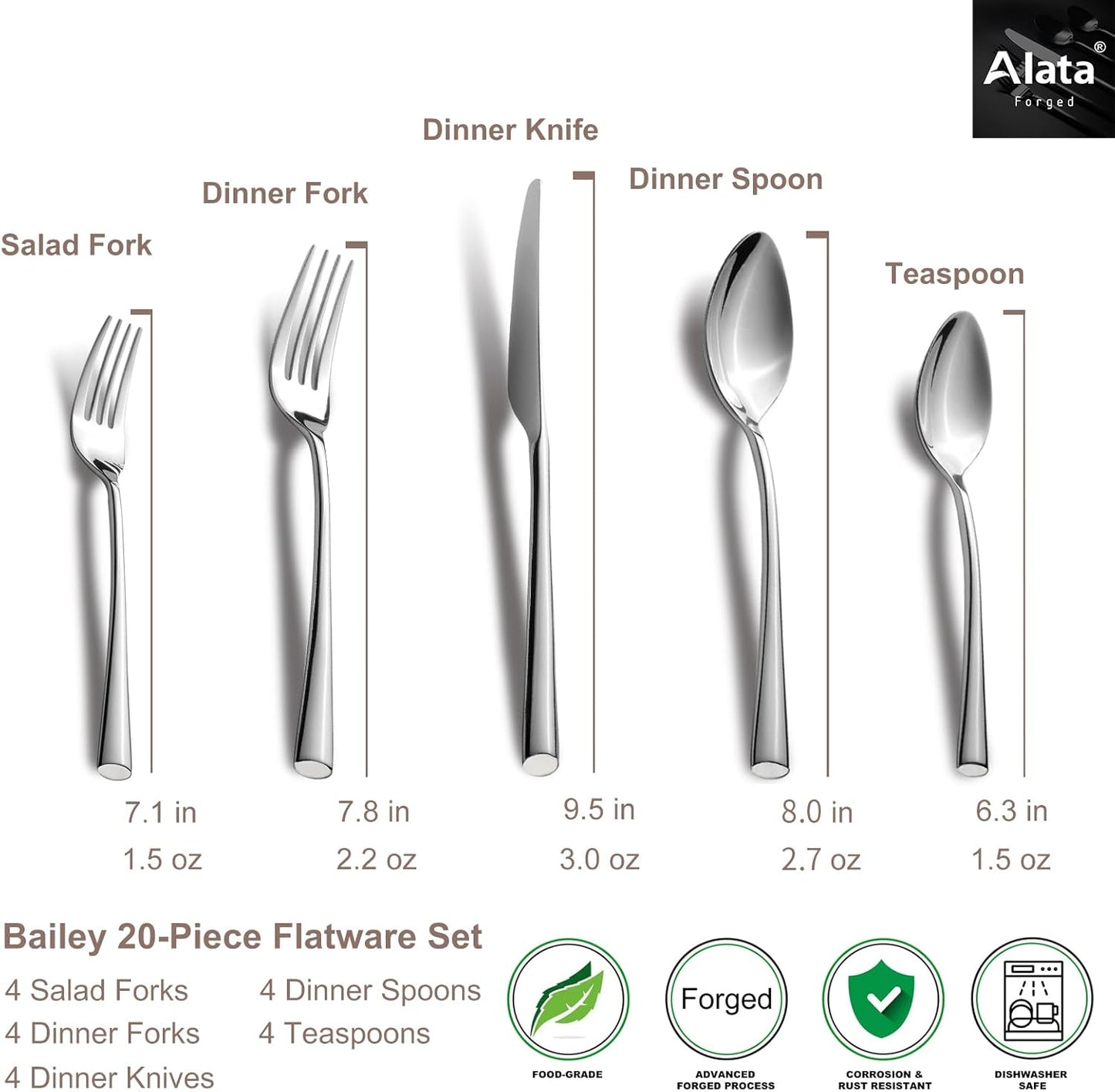 Alata Bailey 20-Piece Forged Silverware Set Stainless Steel Flatware Set,Service for 4,Mirror Polished Cutlery Set,Dishwasher Safe…